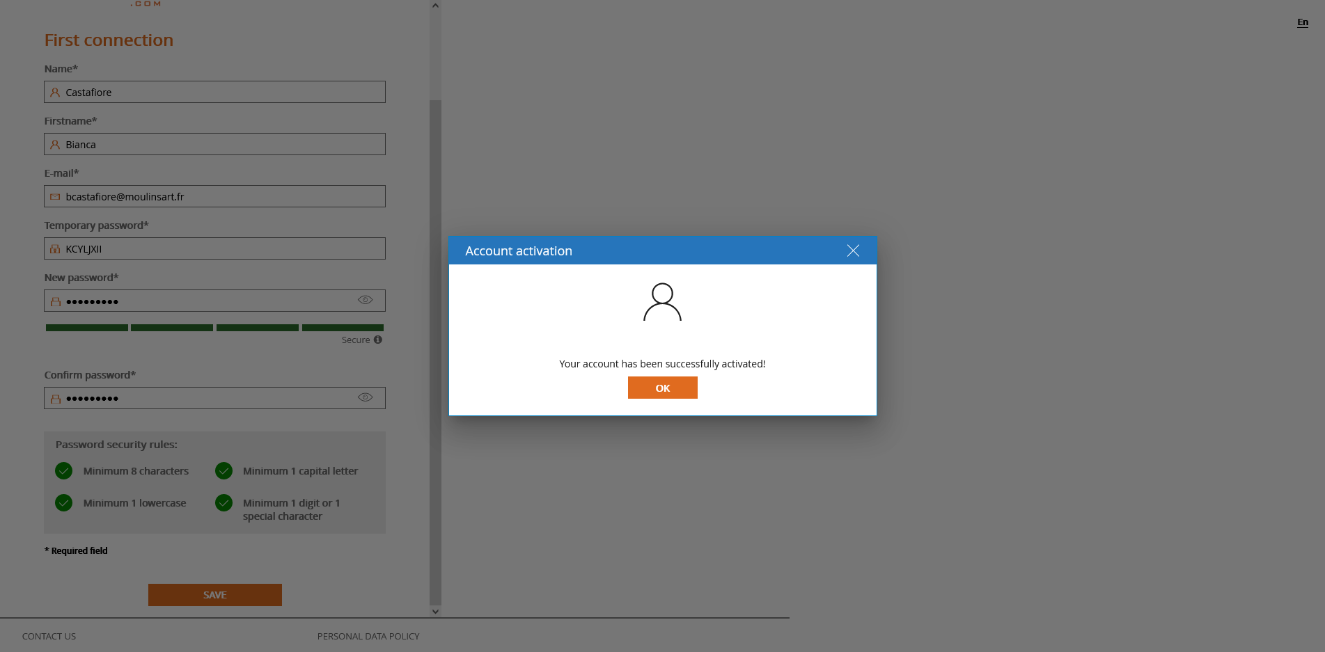 Local account activation confirmation window