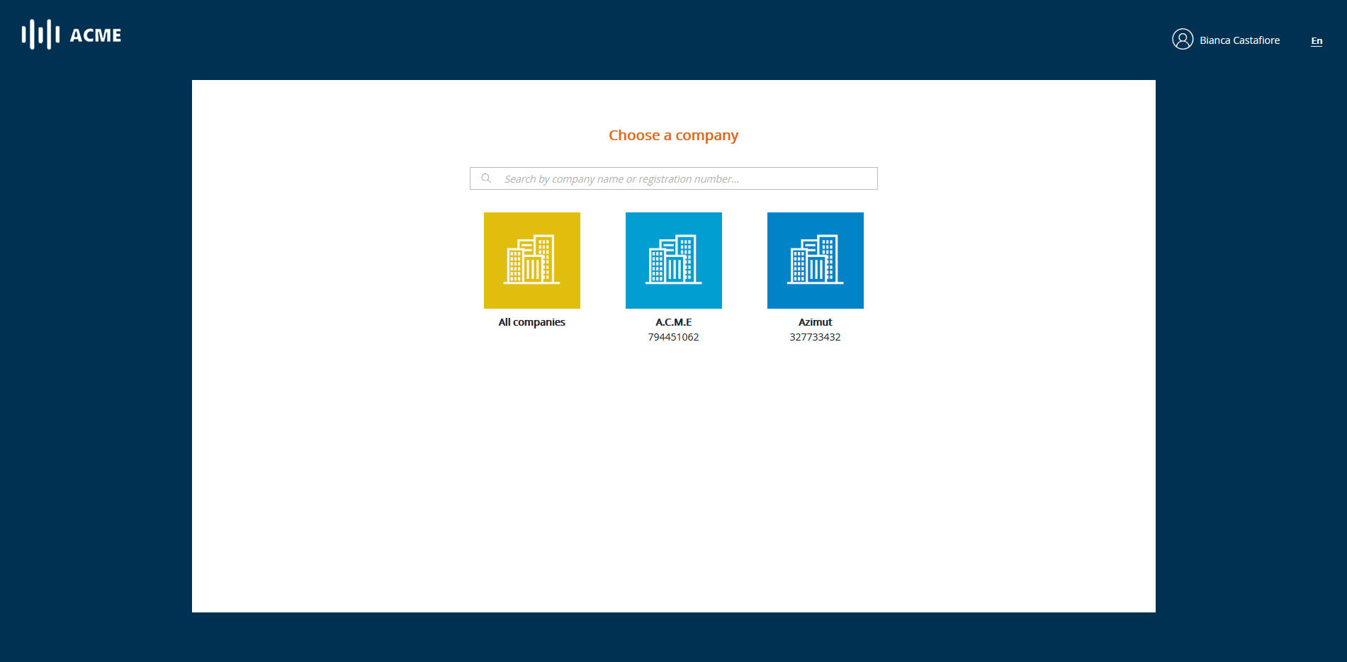 Company selection page
