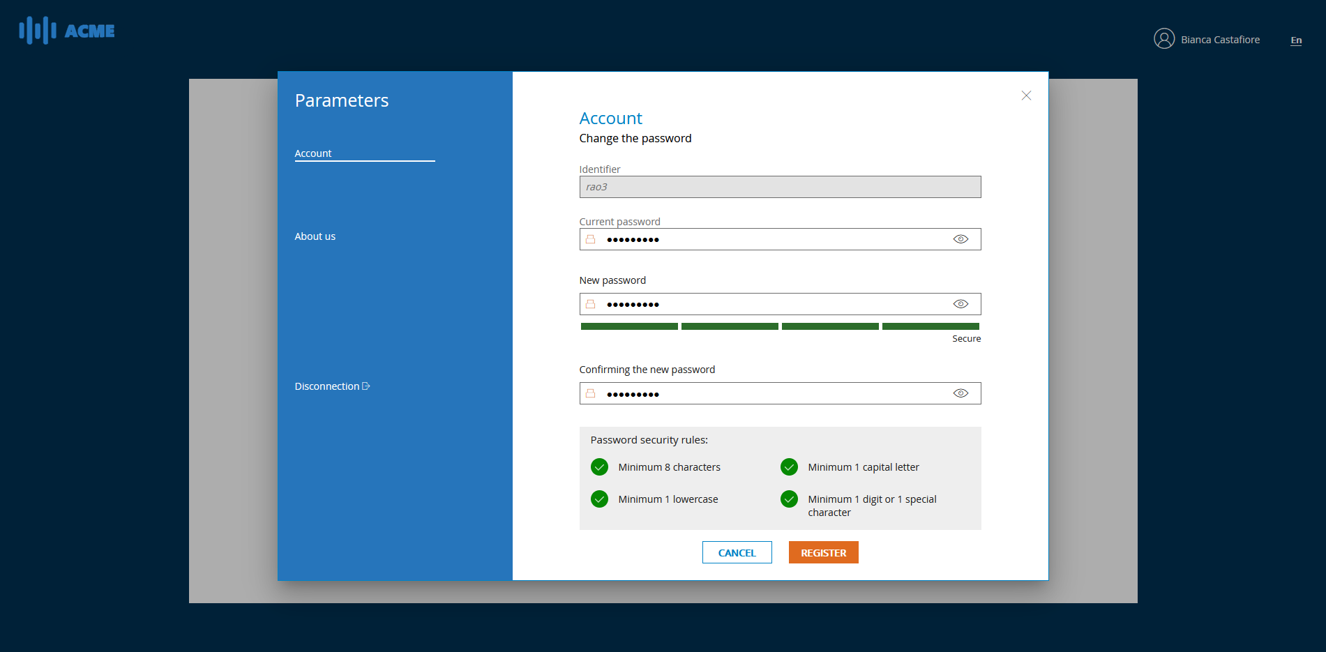 Change password section
