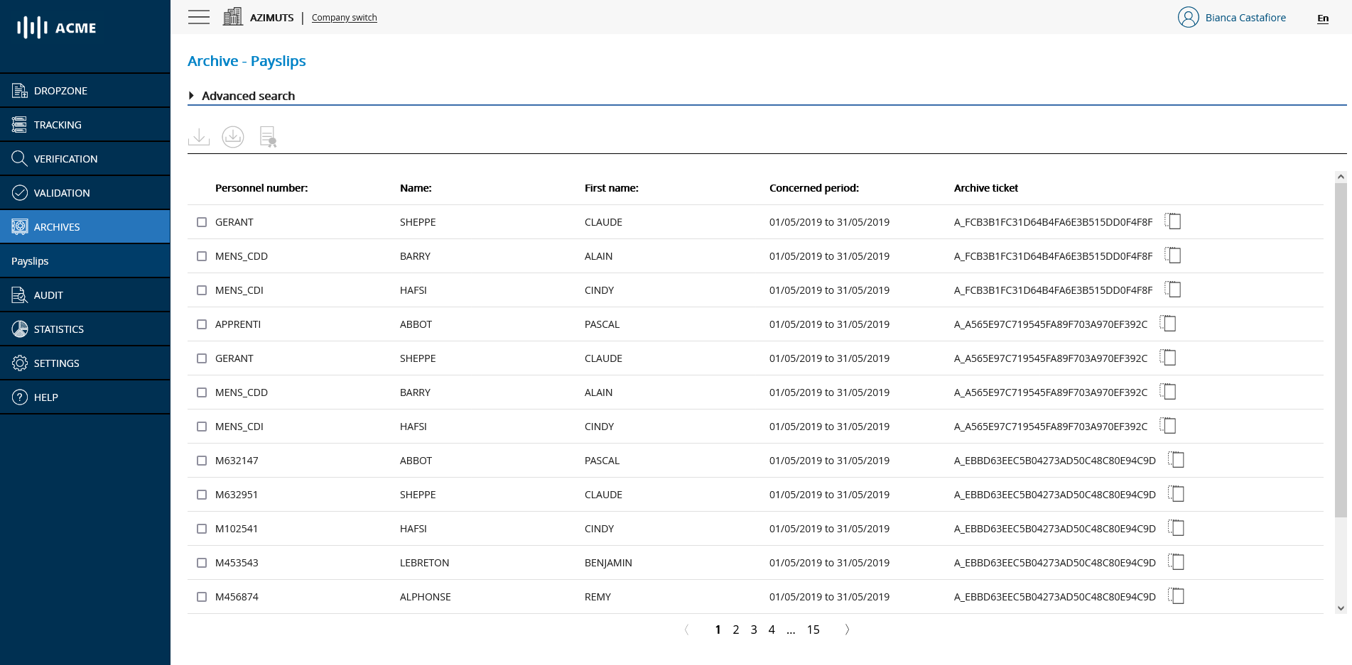 List of archived documents with archive ticket