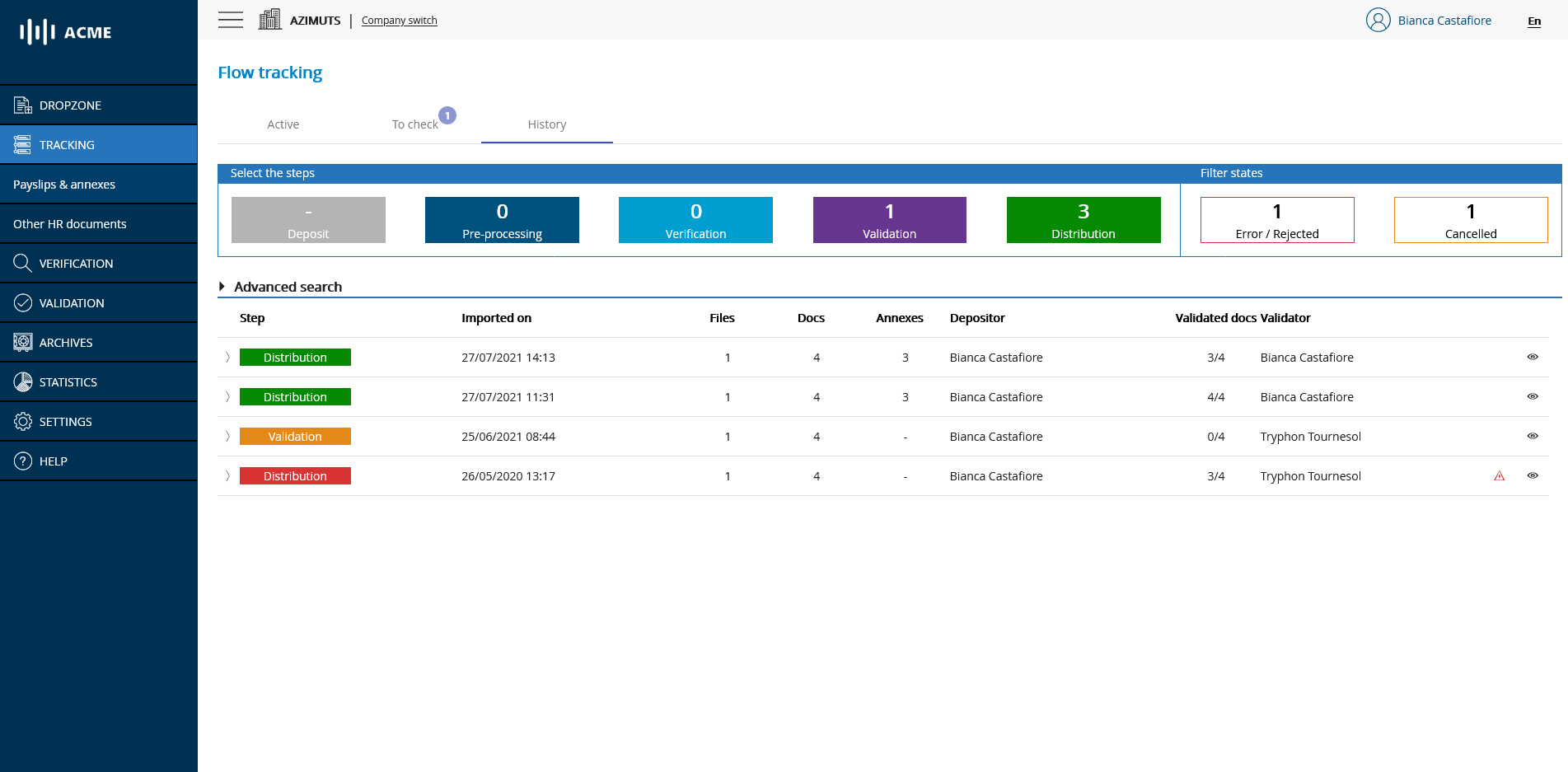 Flow tracking screen - Flows put in history