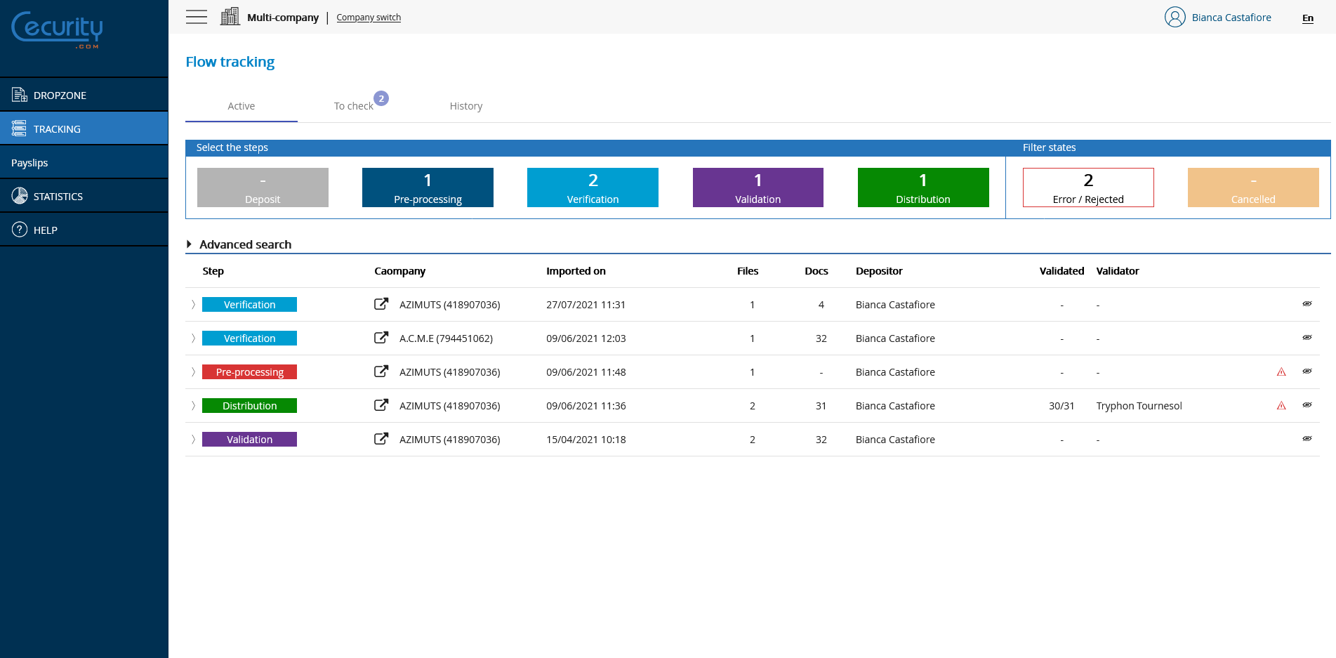 Multi-company document deposit module - Flow monitoring