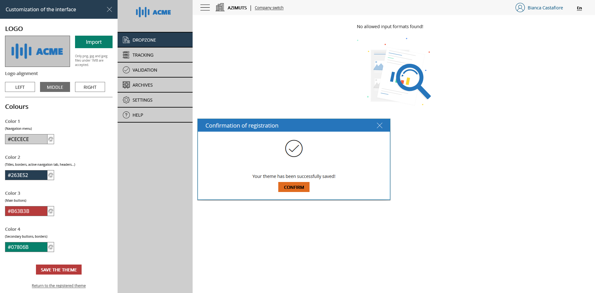 Interface customization screen - Registration confirmation