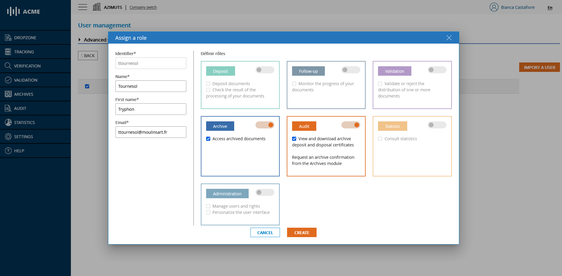 User management - importing a user - choosing a role