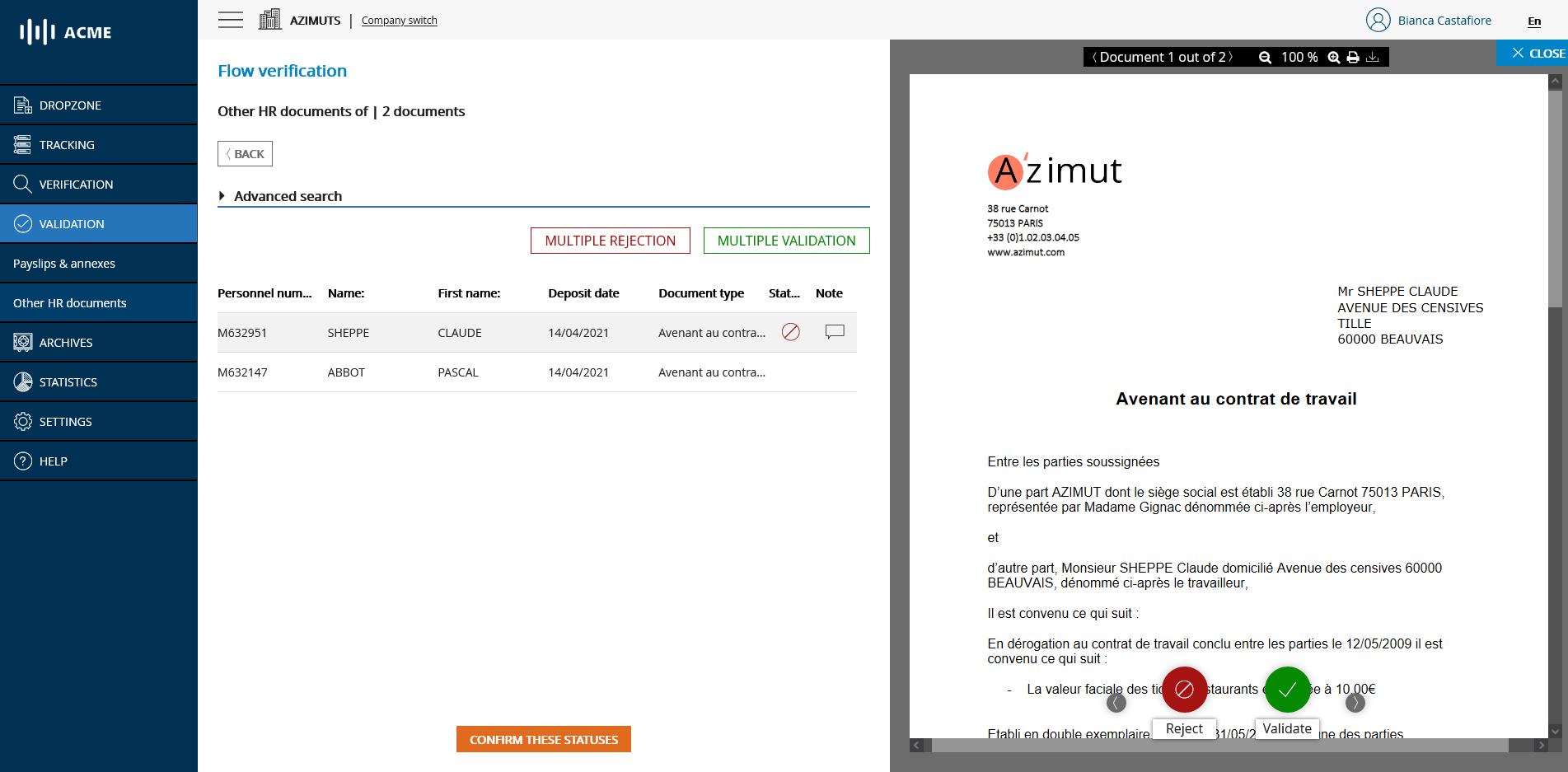 Flow validation screen - Other HR documents