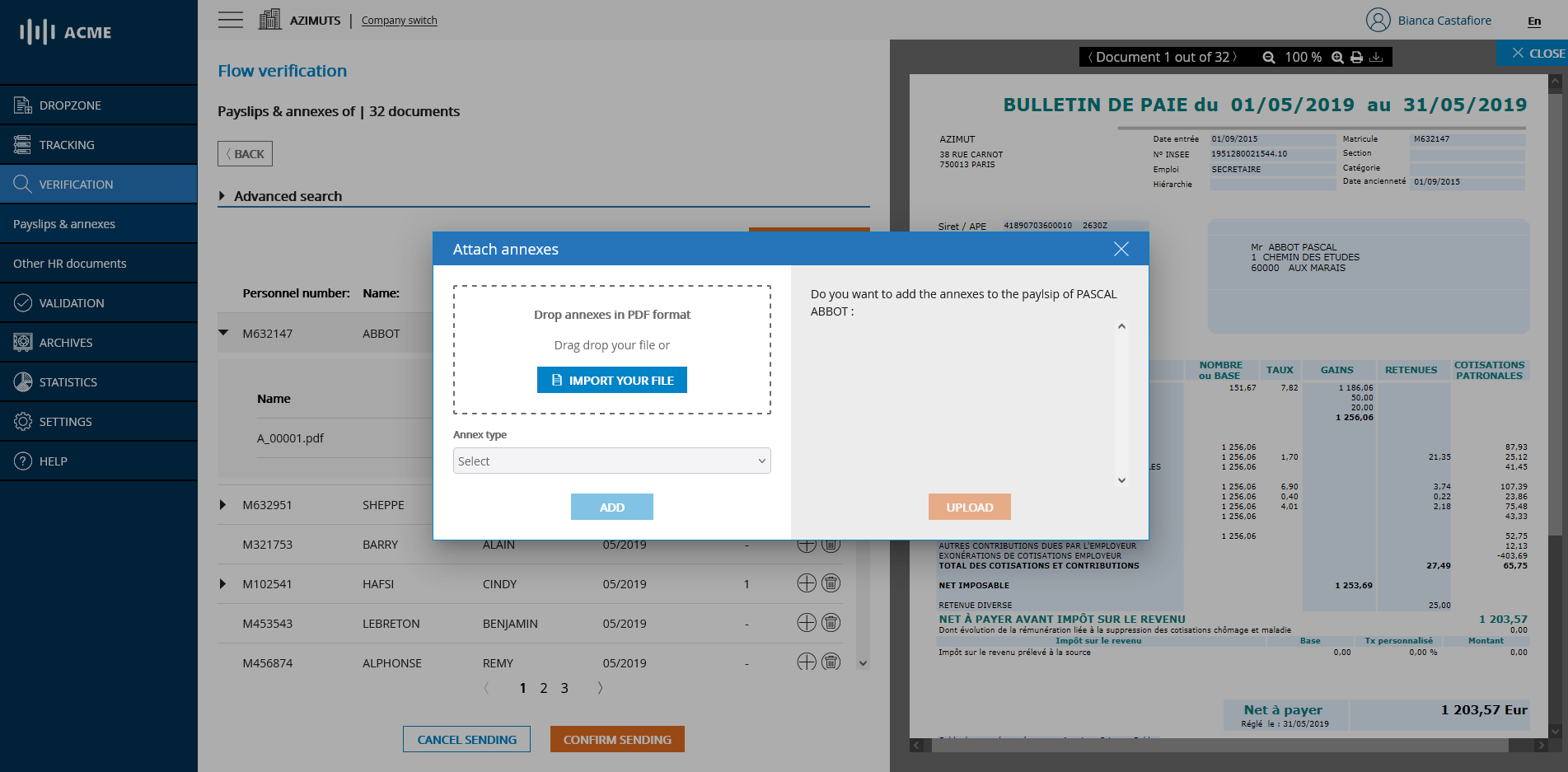 Manual addition of an annex to a pay slip