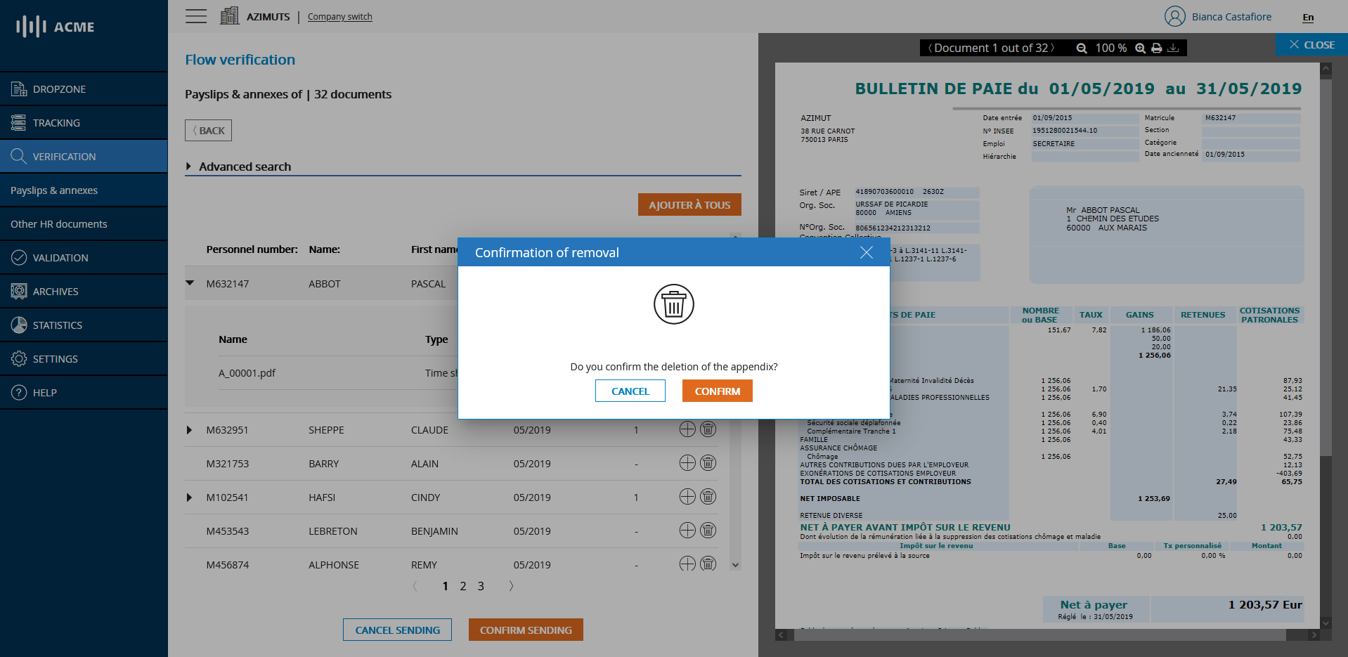 Deletion of an annex corresponding to a pay slip