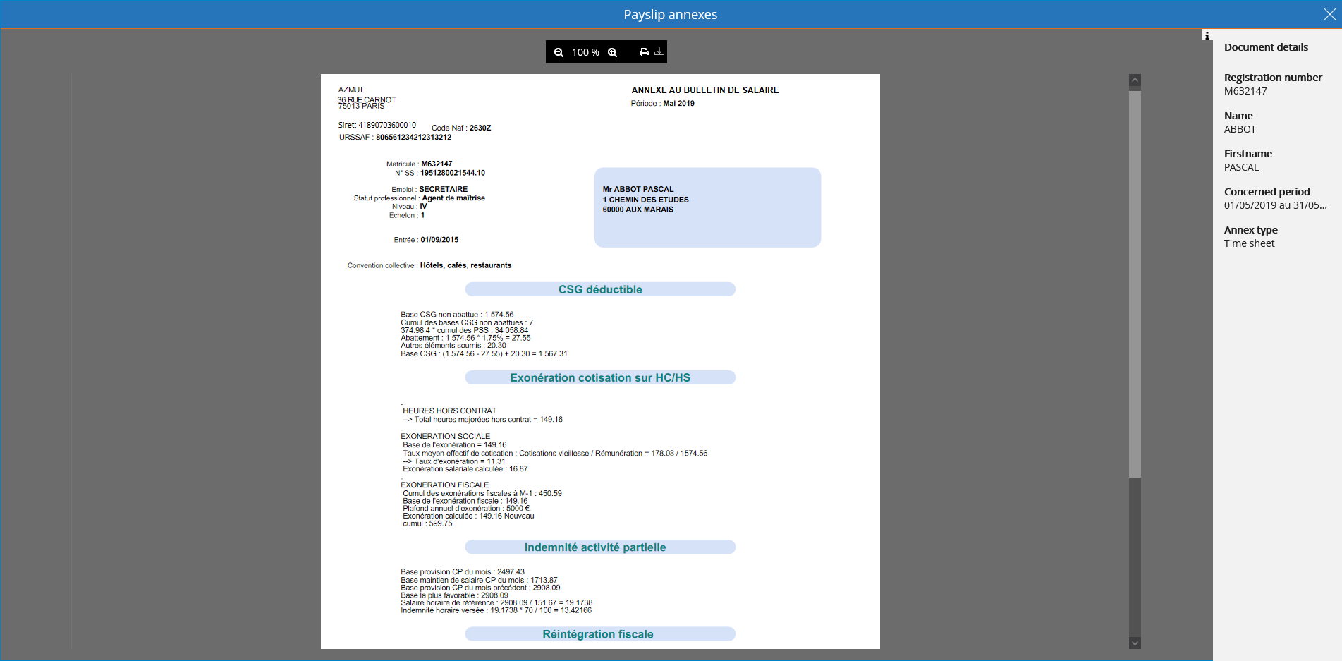 Viewing an annex corresponding to a pay slip