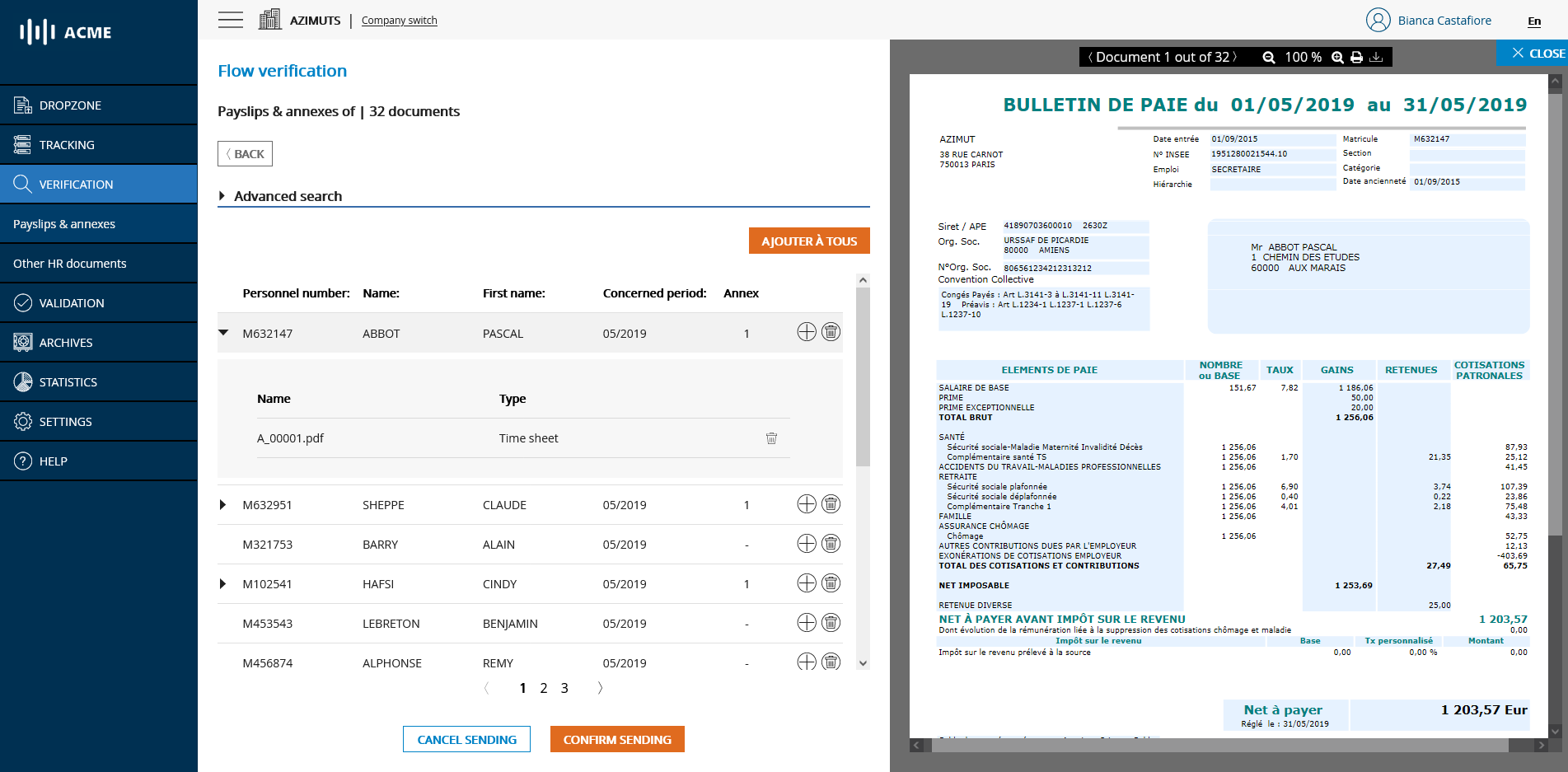 List of annexes corresponding to a pay slip