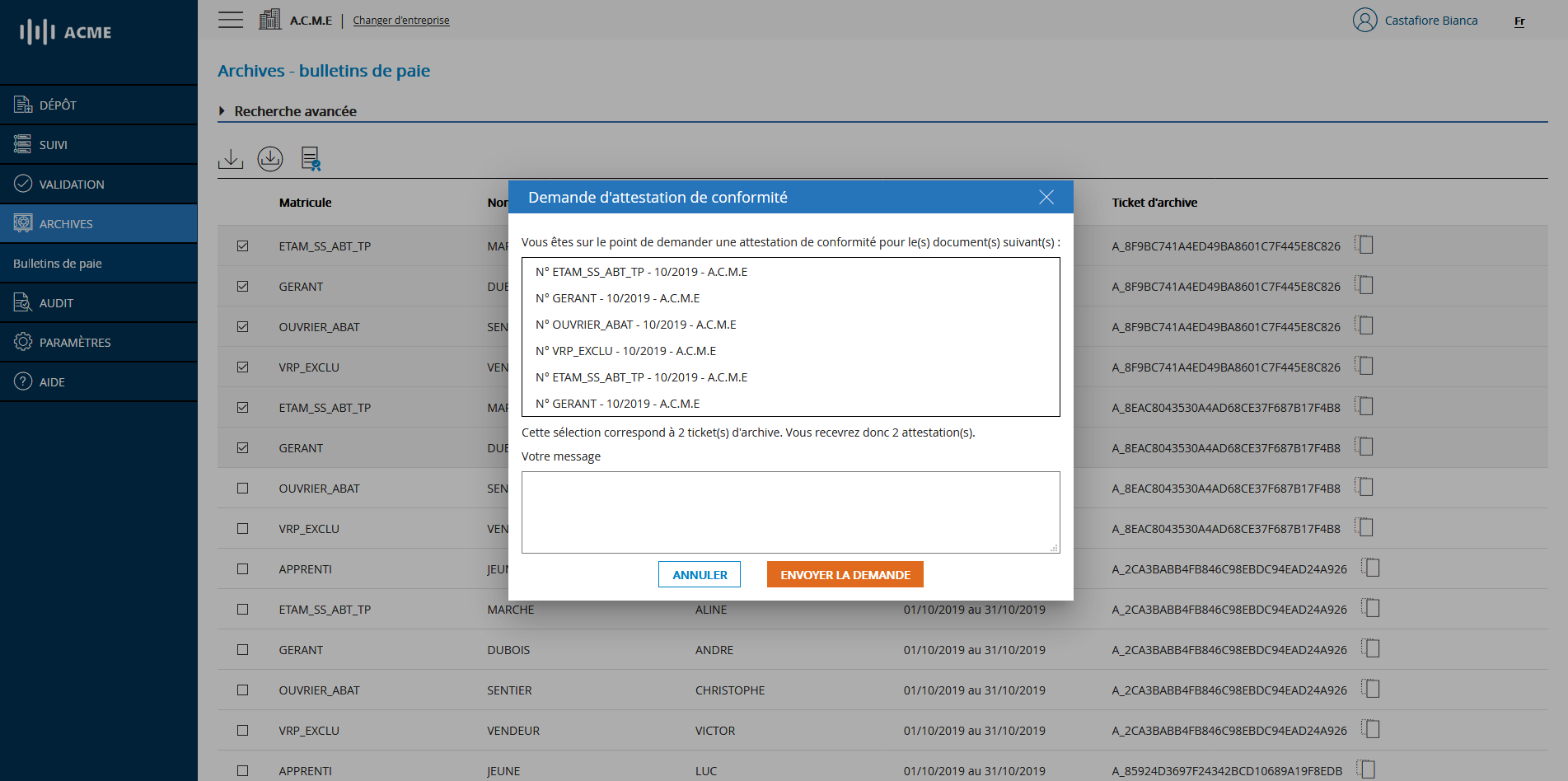 Demande d'attestation de conformité