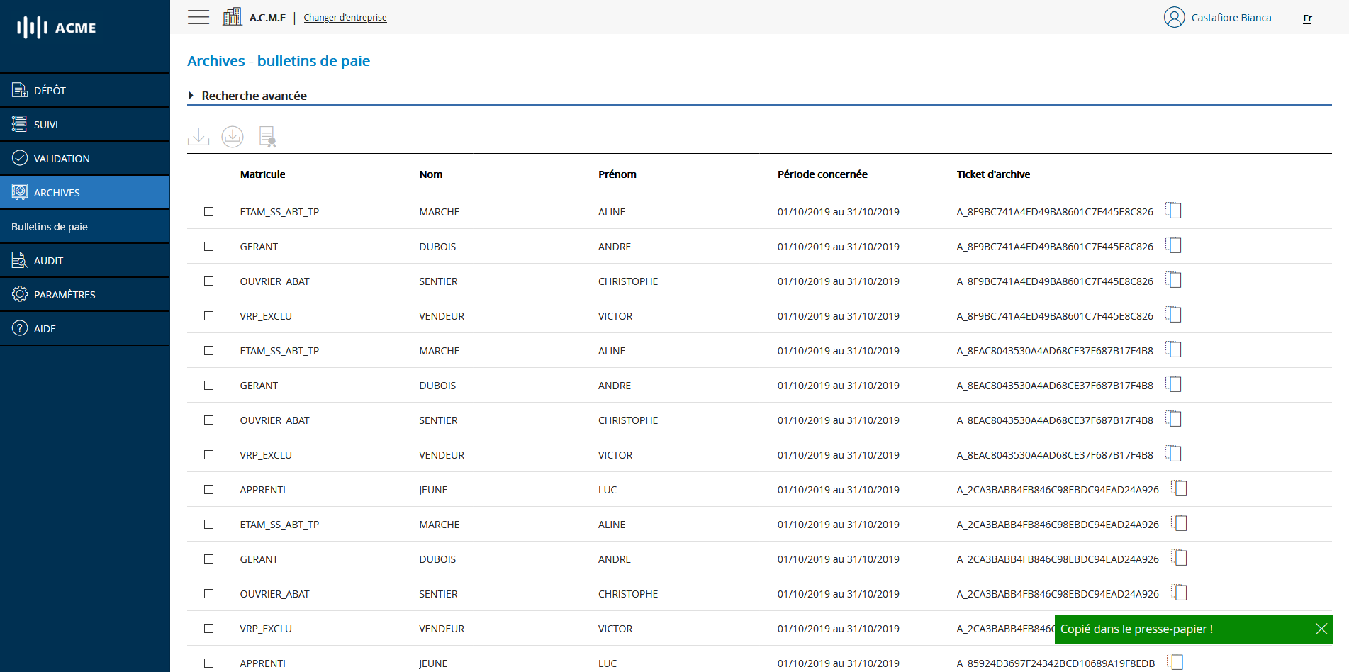 Liste des documents archivés avec ticket d'archive