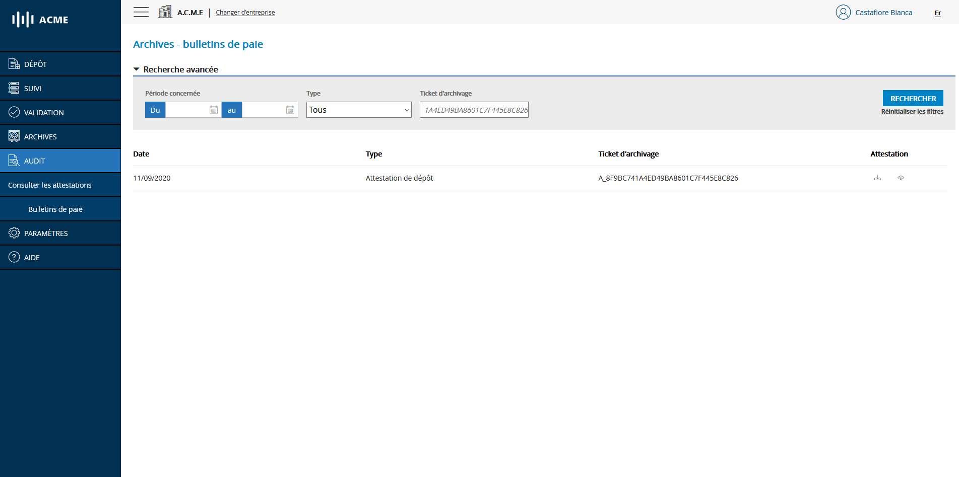 Recherche d'attestation de dépôt