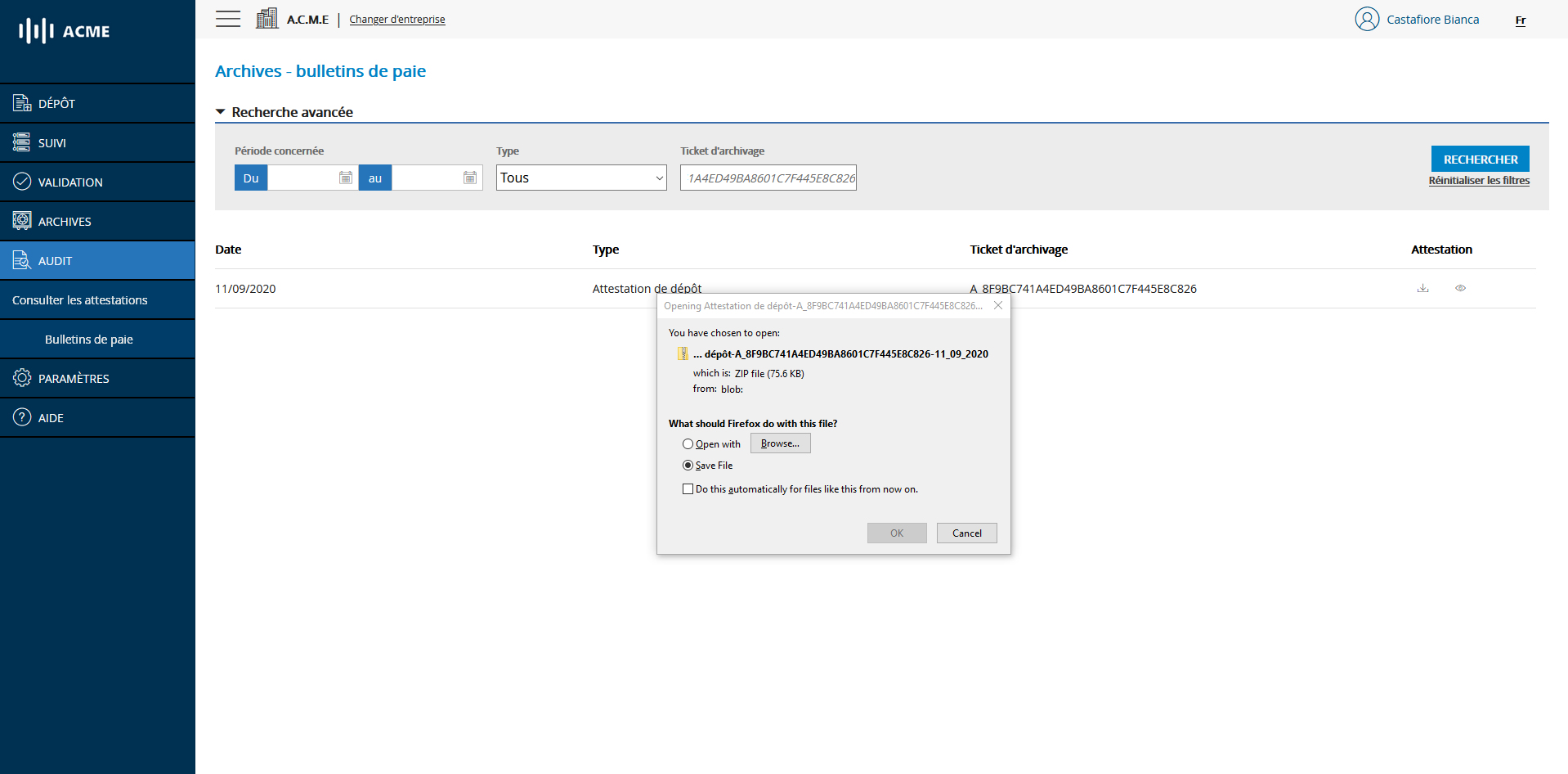 Téléchargement attestation de dépôt
