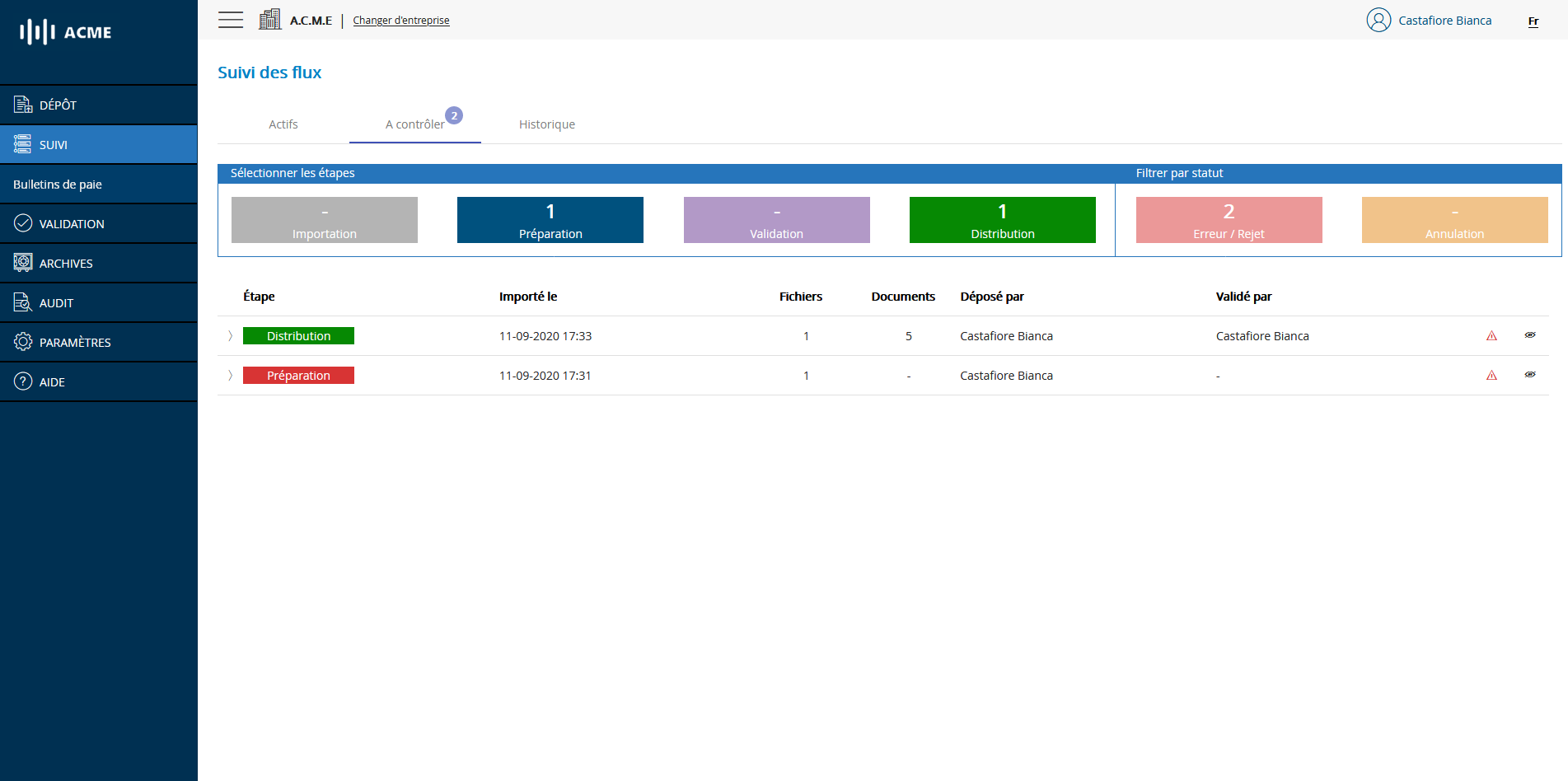 Écran de suivi des flux - Flux à contrôler