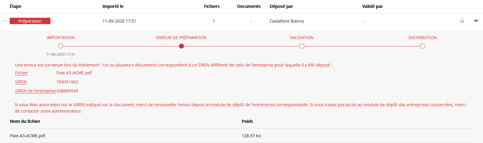 Écran de suivi des flux - Erreur détails