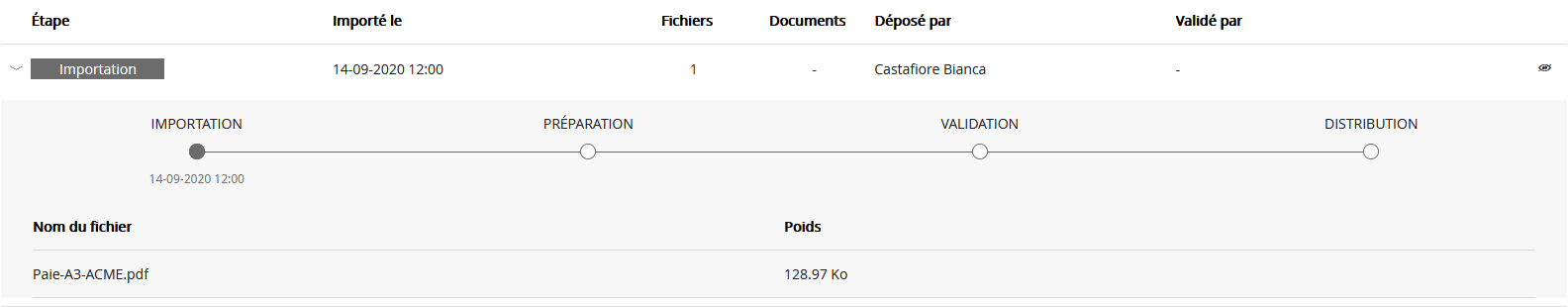 Écran de suivi des flux - Importation avec détails