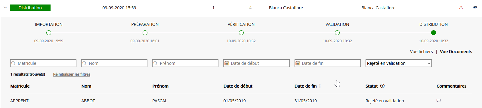 Écran de suivi des flux - Liste des documents avec statut