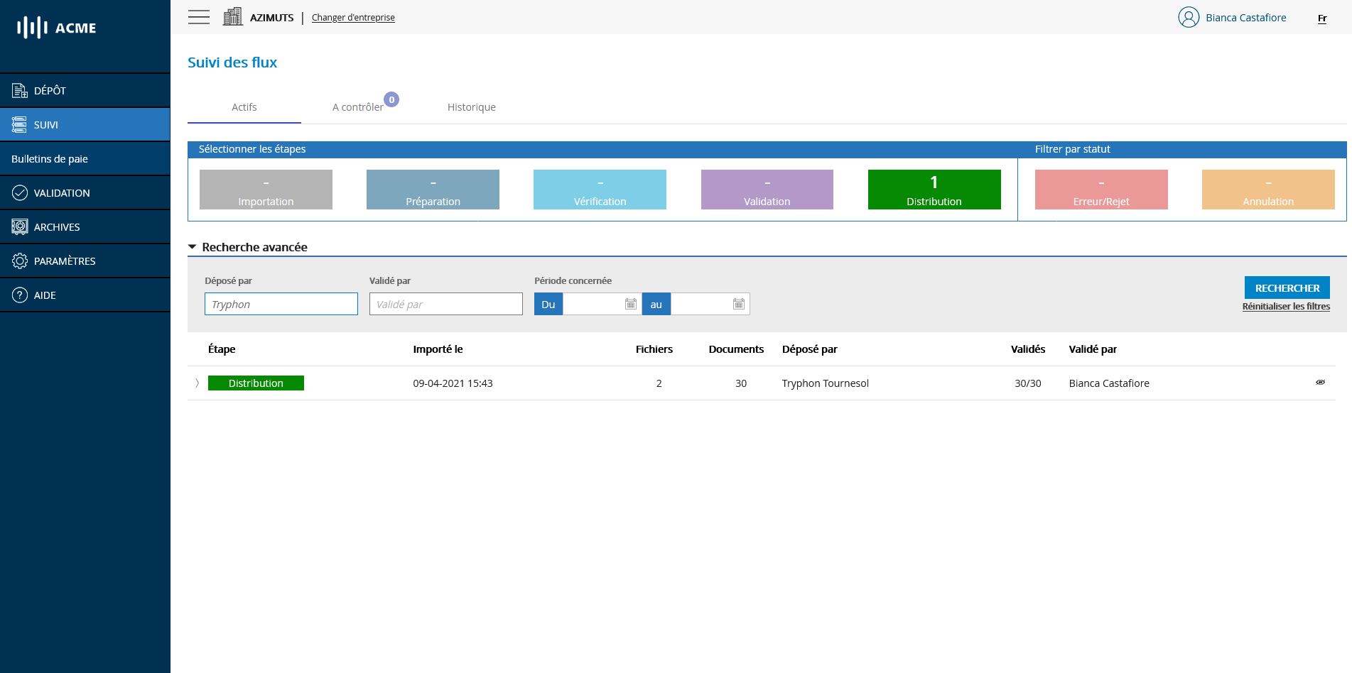 Écran de suivi des flux - Recherche avancée