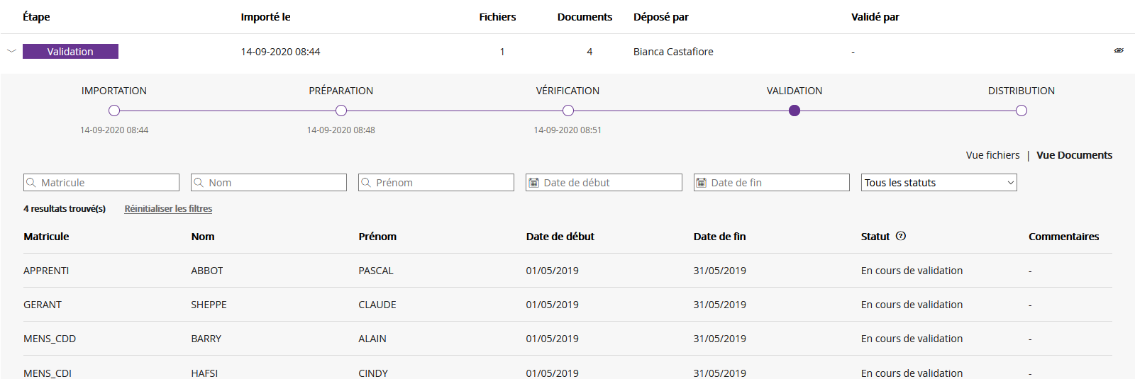 Écran de suivi des flux - Validation avec détails