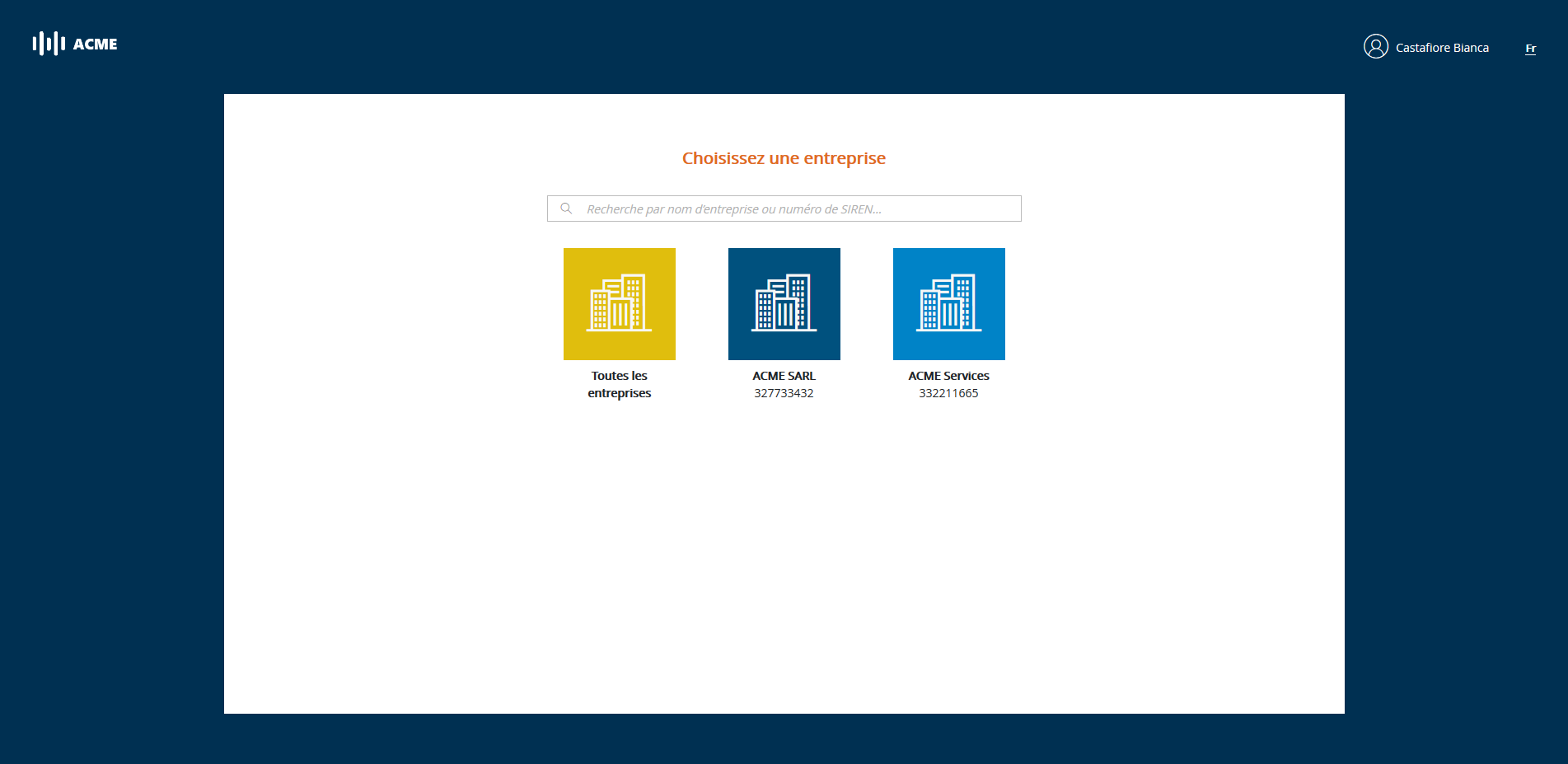 Module de choix d'entreprise avec multi-SIREN