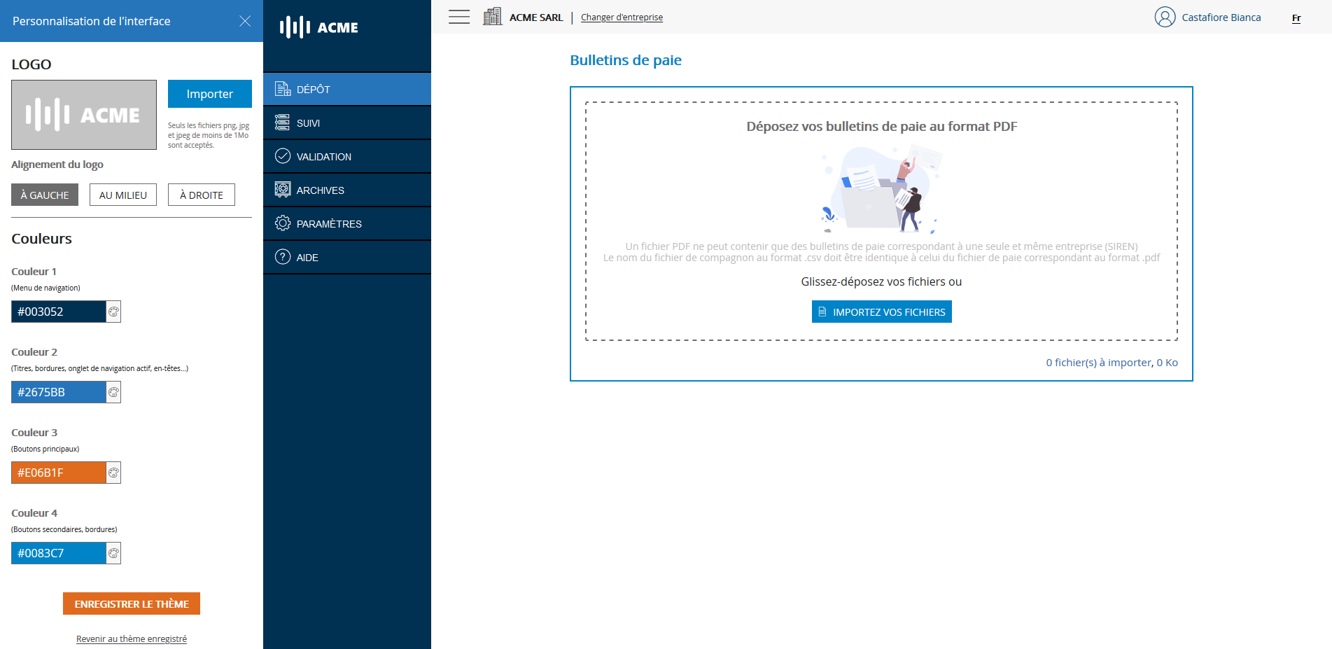 Ecran de personnalisation de l'interface