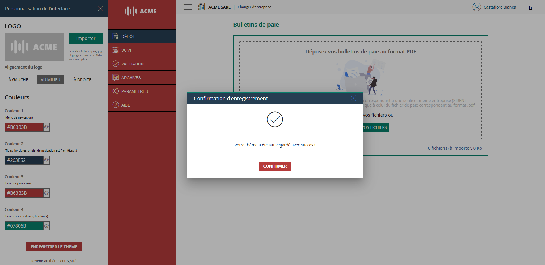 Ecran de personnalisation de l'interface - Confirmation d'enregistrement