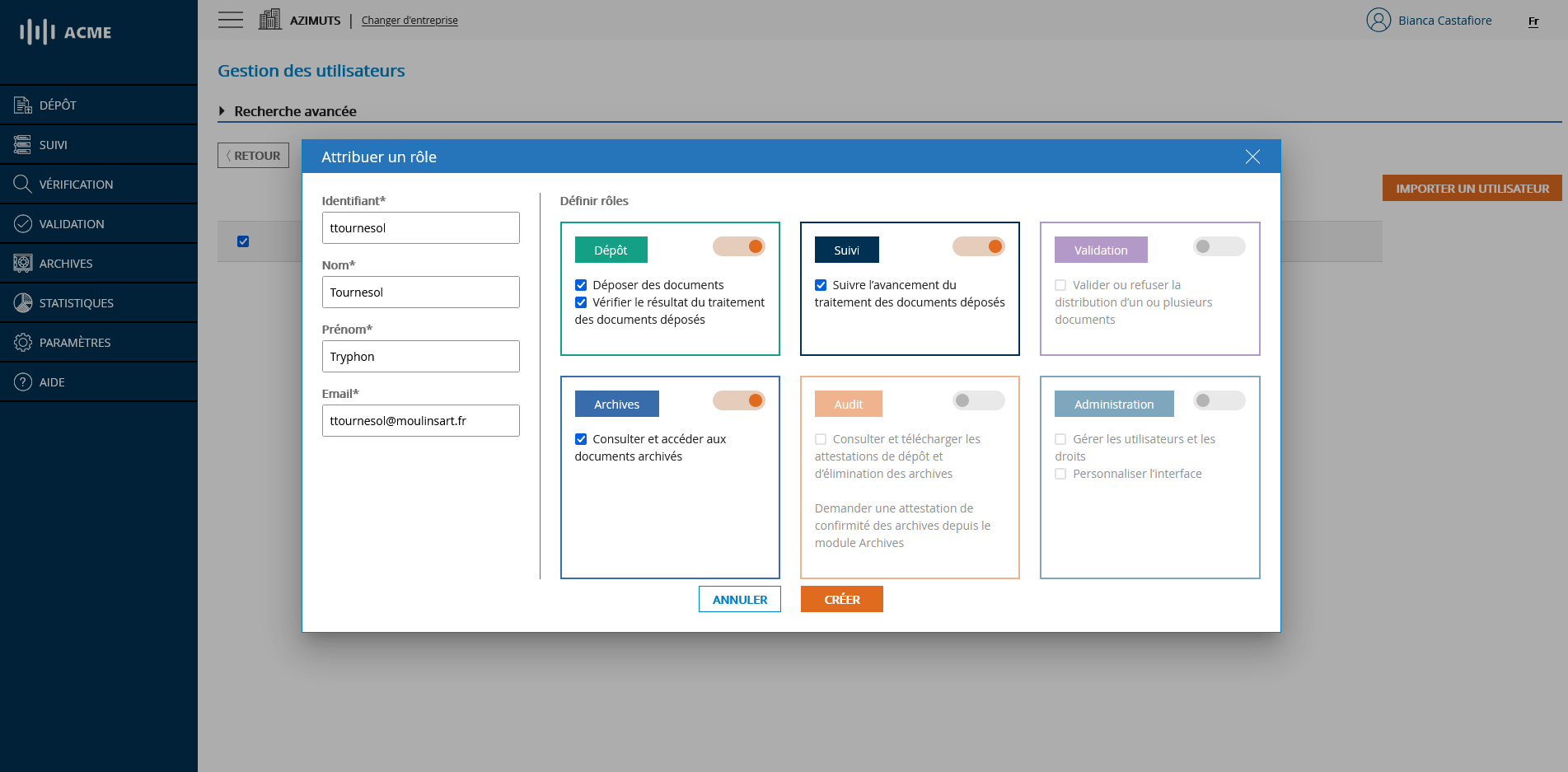 Gestion des utilisateurs - importer un utilisateur - choix du rôle