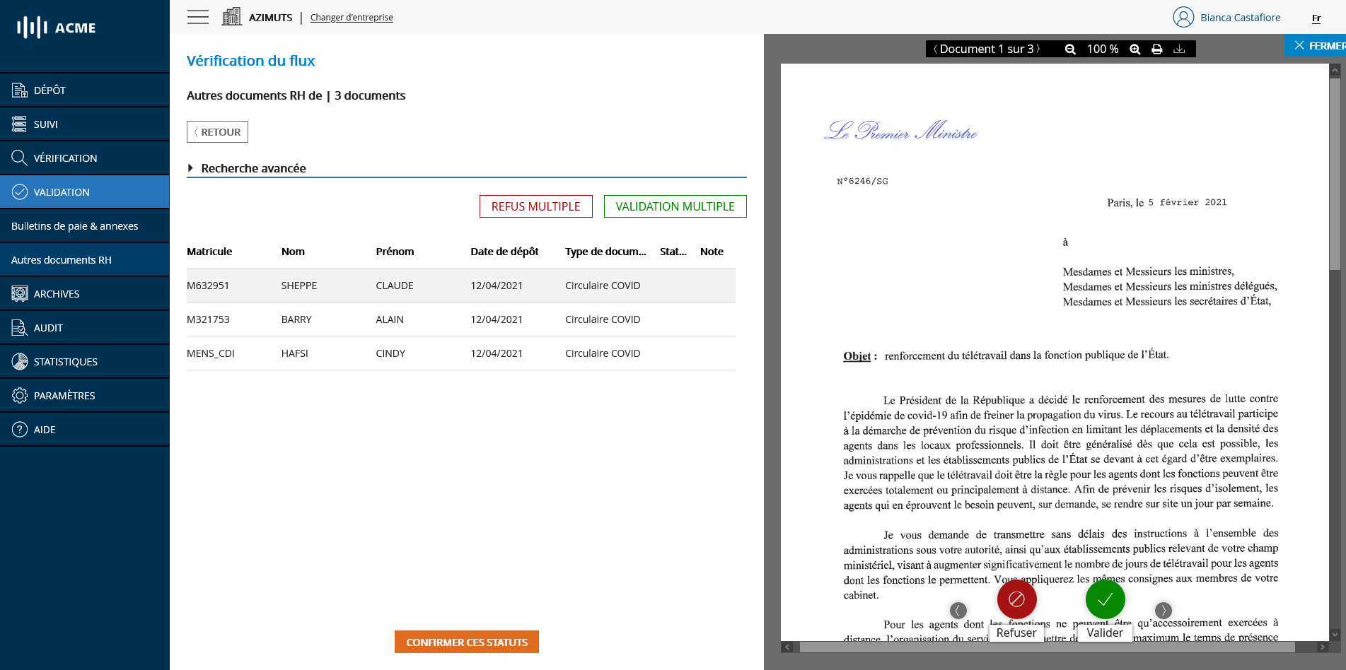 Écran de validation d'un flux - Autres documents RH