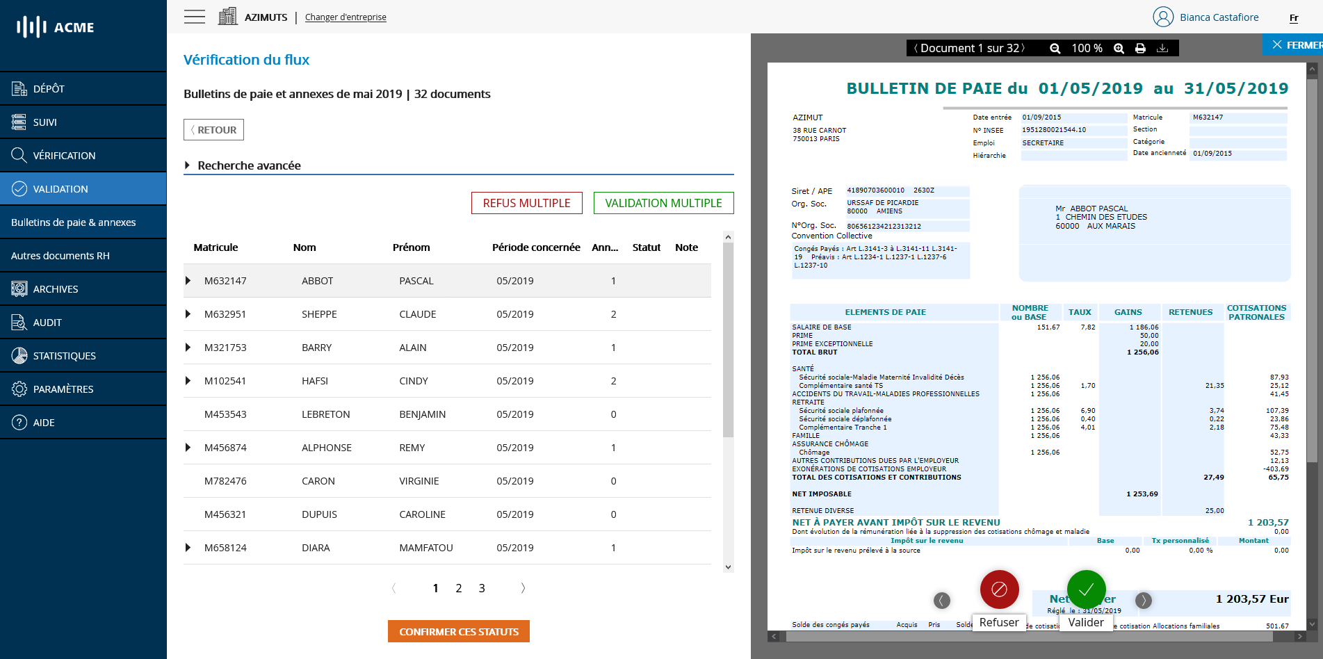 Écran de validation d'un flux - Document comprenant des annexes