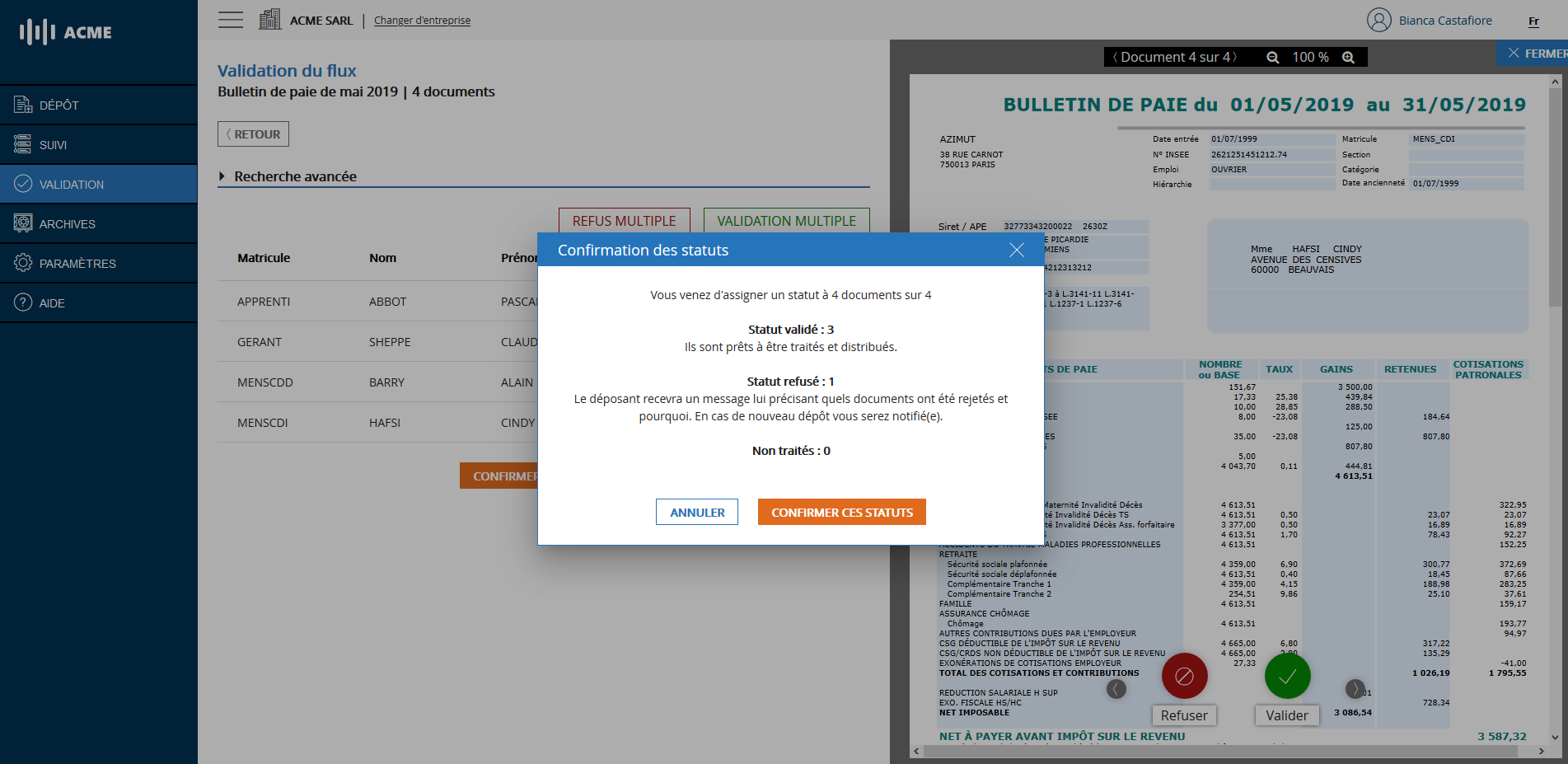 Confirmation des statuts de validation