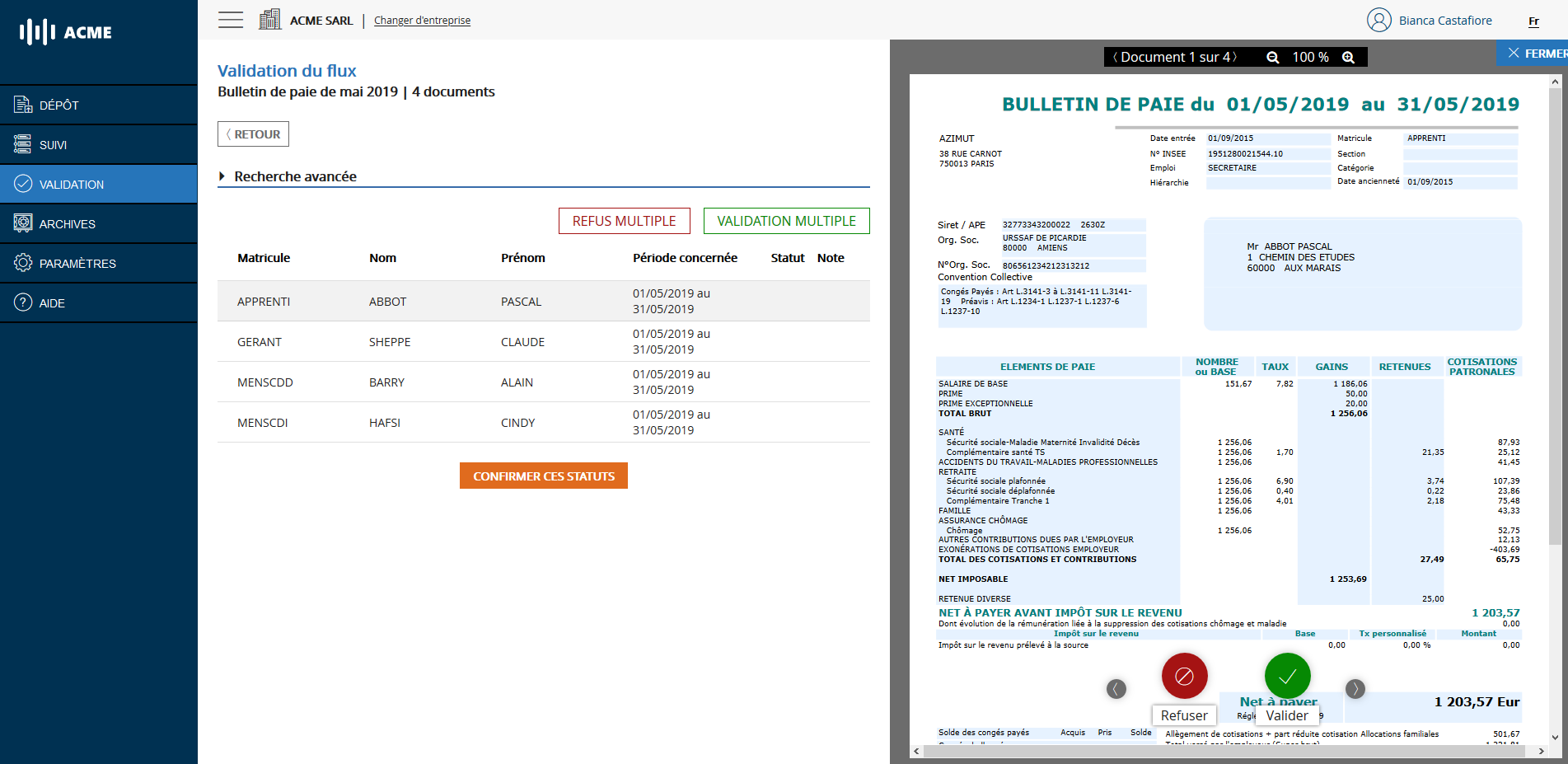 Page de validation principale