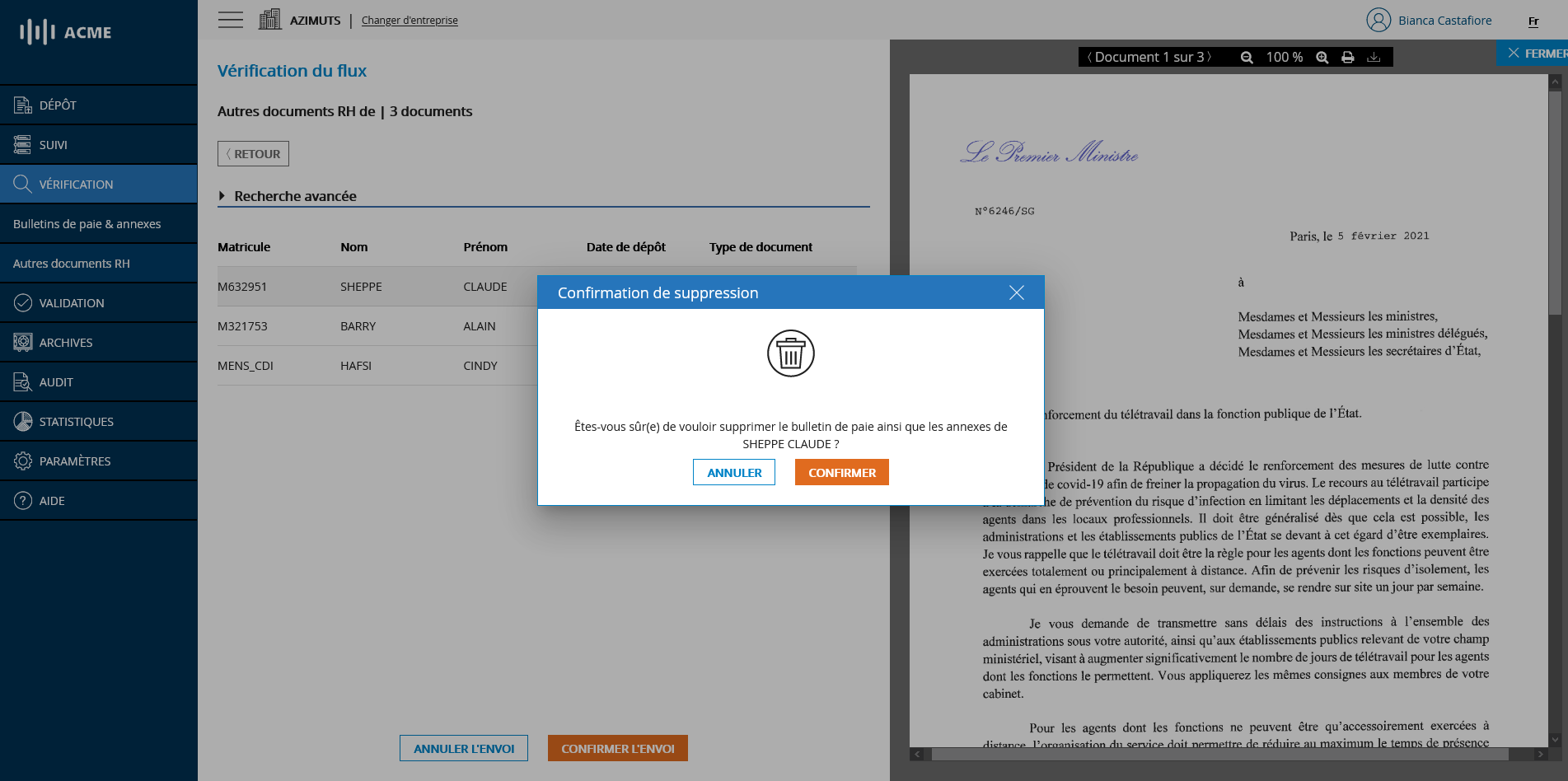 Suppression d'une annexe correspondant à un bulletin de paie