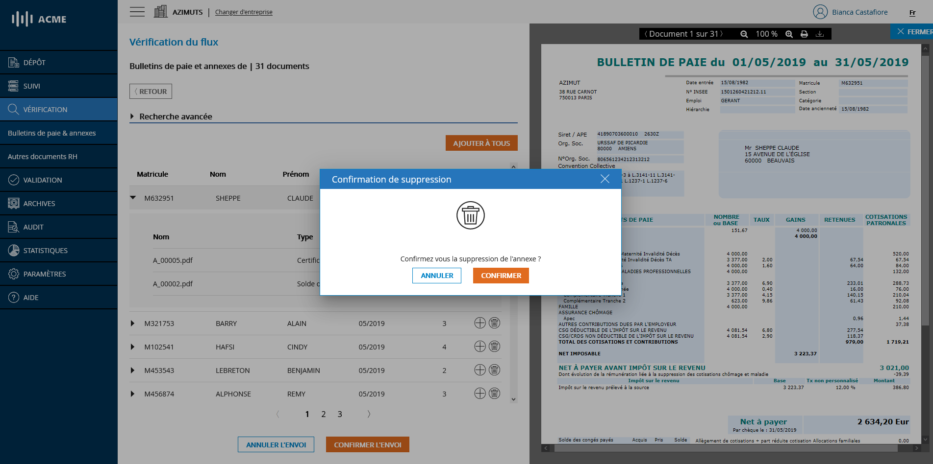 Suppression d'une annexe correspondant à un bulletin de paie
