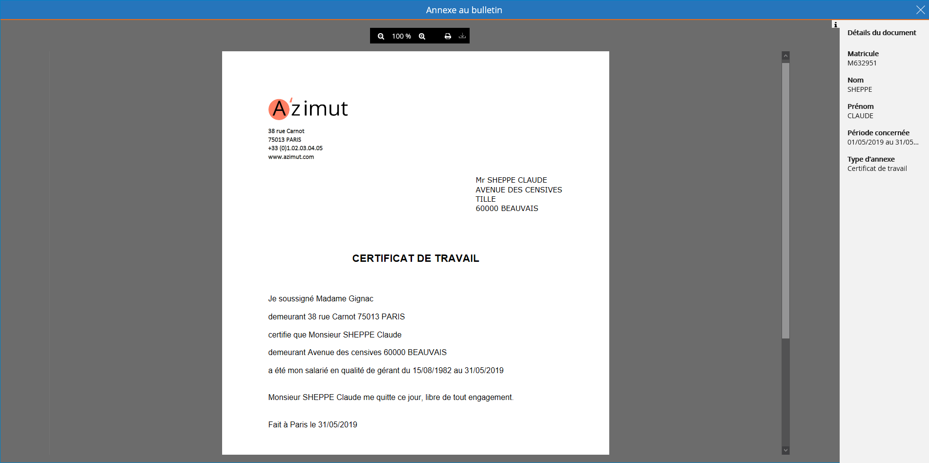 Visualisation d'une annexe correspondant à un bulletin de paie