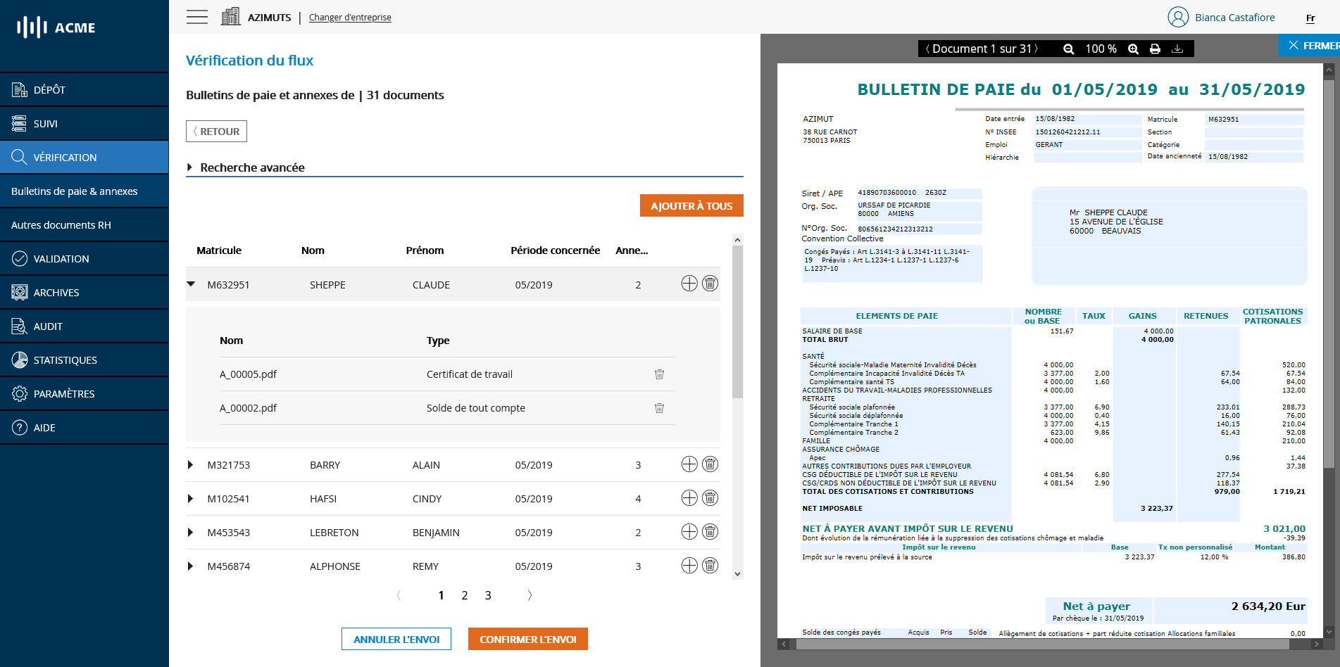 Liste des annexes correspondant à un bulletin de paie