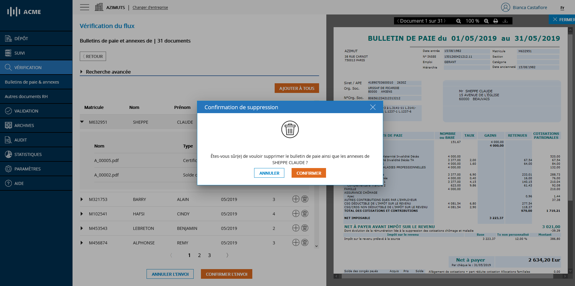 Suppression d'une annexe correspondant à un bulletin de paie