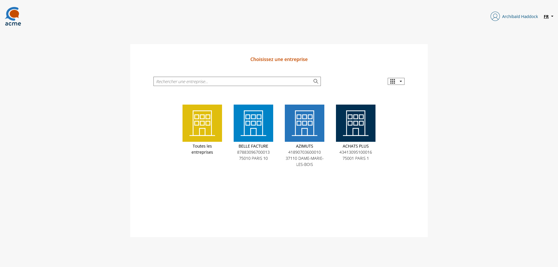 Page de choix d'entreprise
