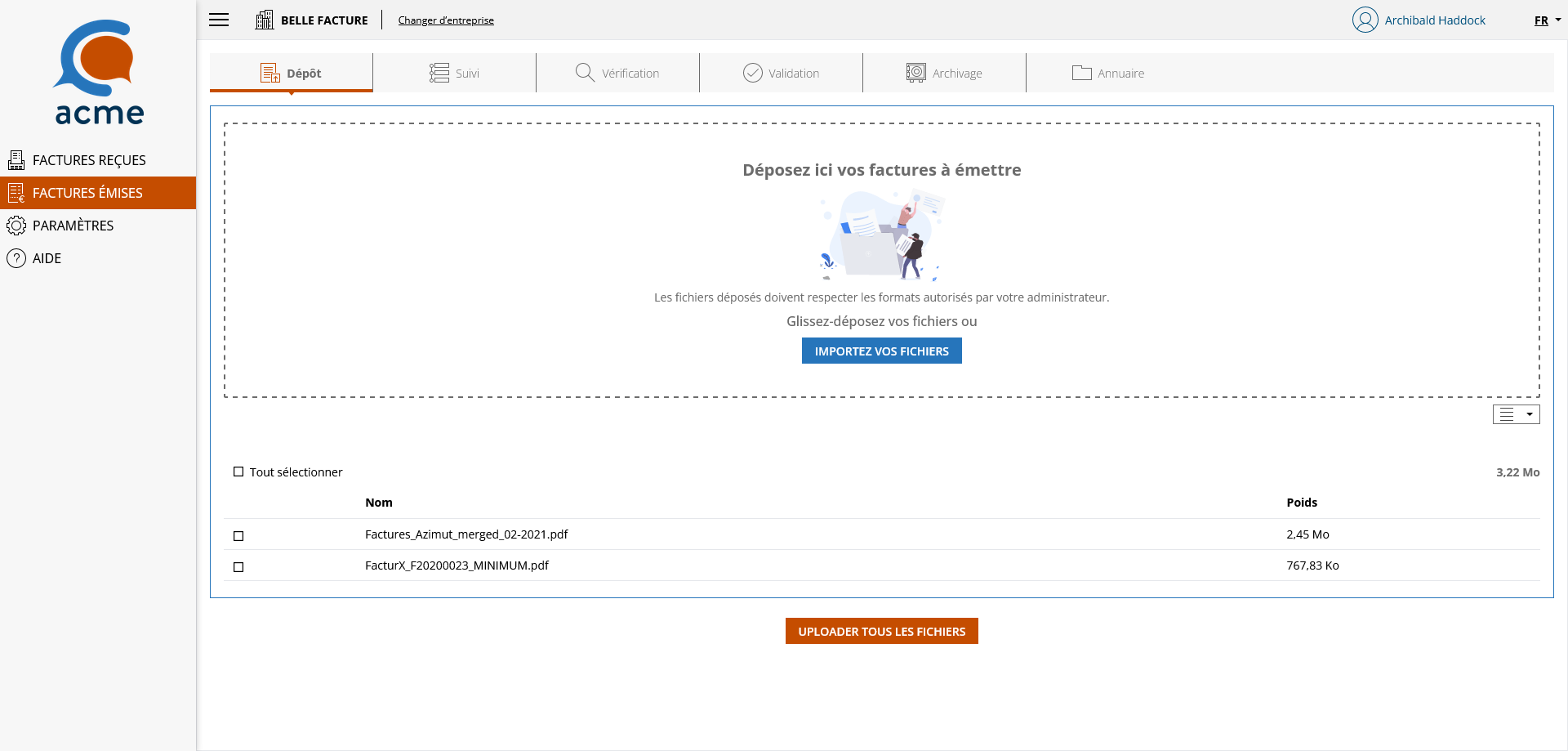 Module de dépôt des factures émises - Mode liste