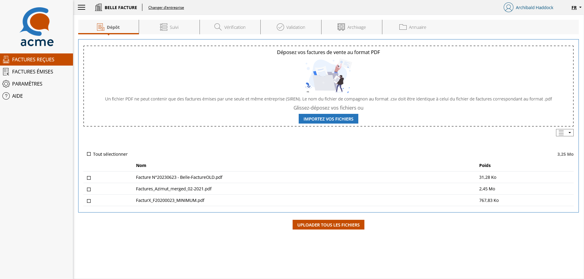 Module de dépôt des factures reçues - mode liste