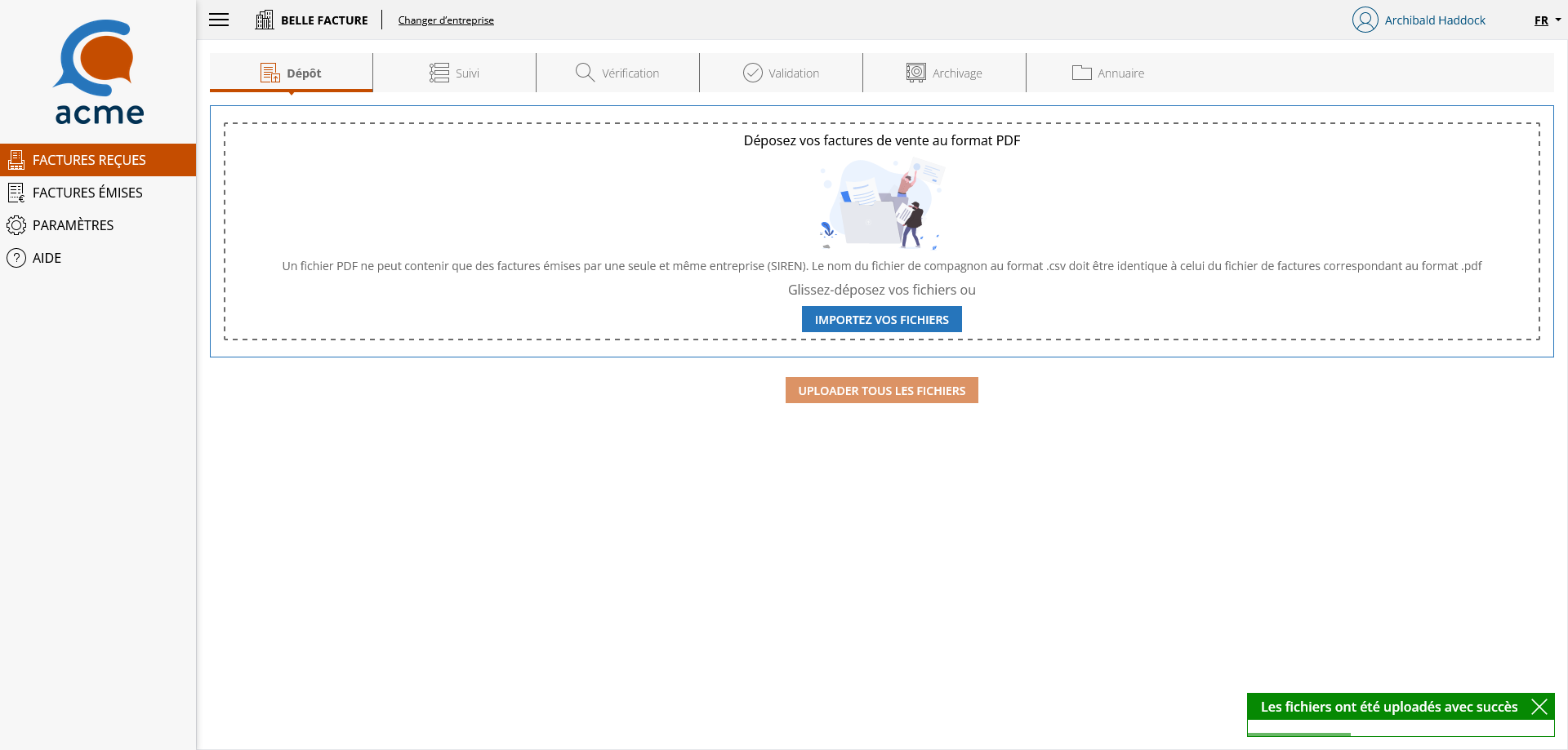 Module de dépôt des factures reçues - Succès