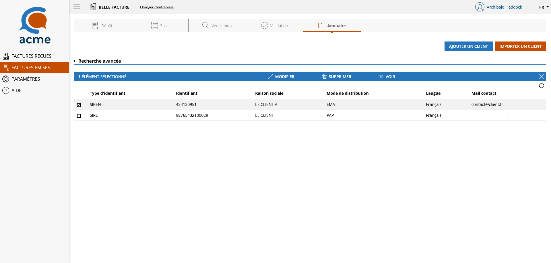 Annuaire clients - Modifier ou supprimer un client