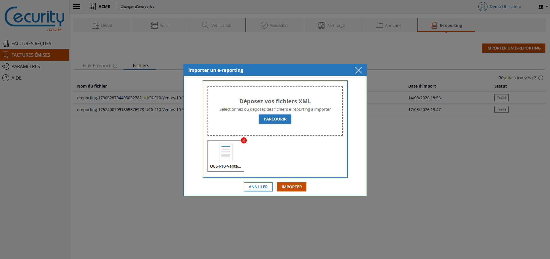 Importer un fichier e-reporting