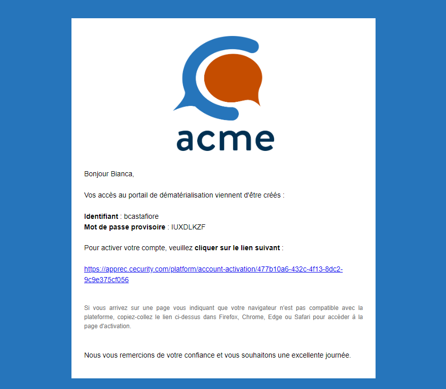 Email d'activation compte local
