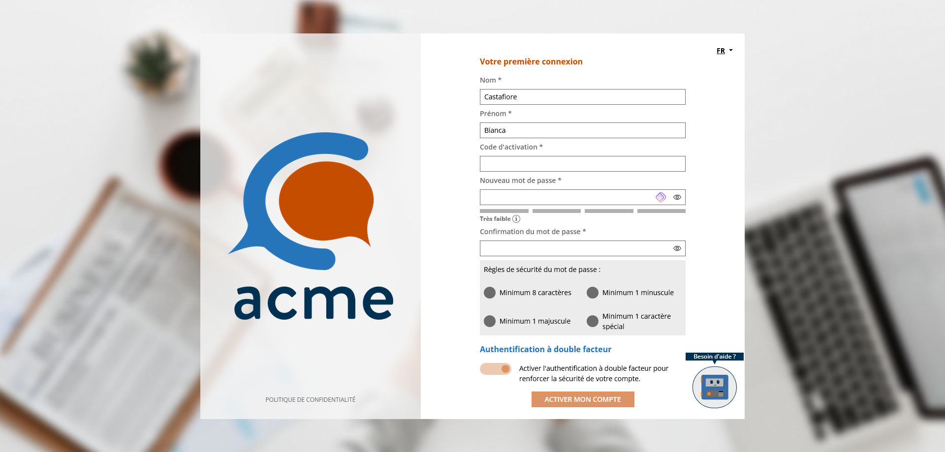 Page d'activation compte local