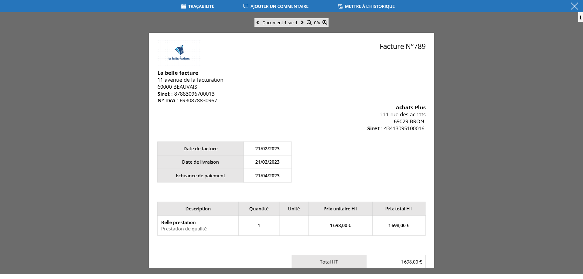 Écran de suivi - Visualisation d'un document