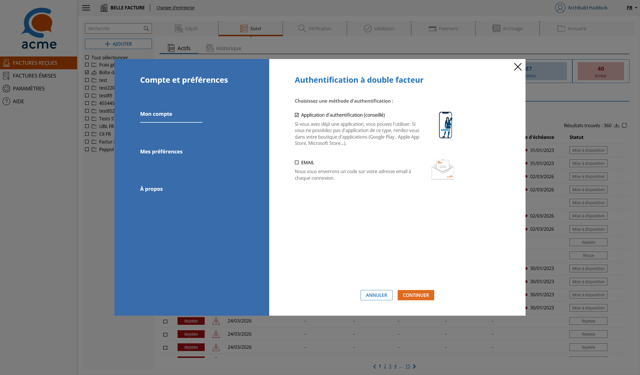 Activation MFA choix du canal