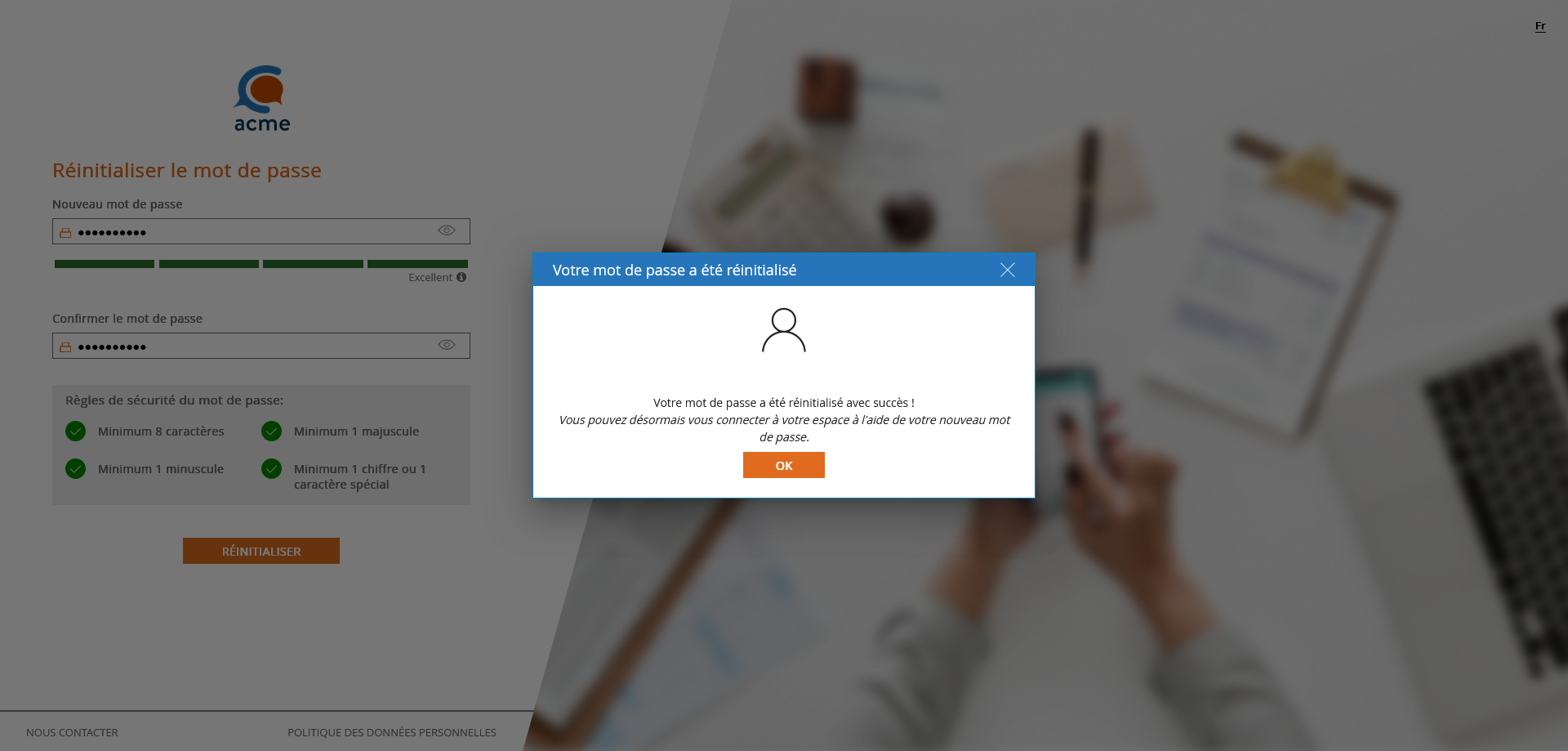 Confirmation de réinitialisation du mot de passe