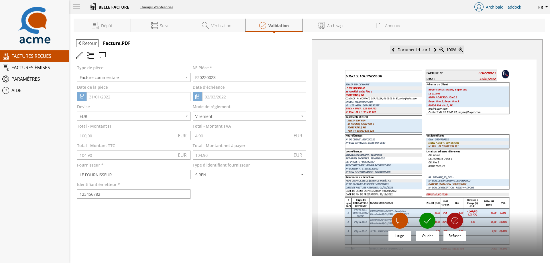 Page de validation en mode détail