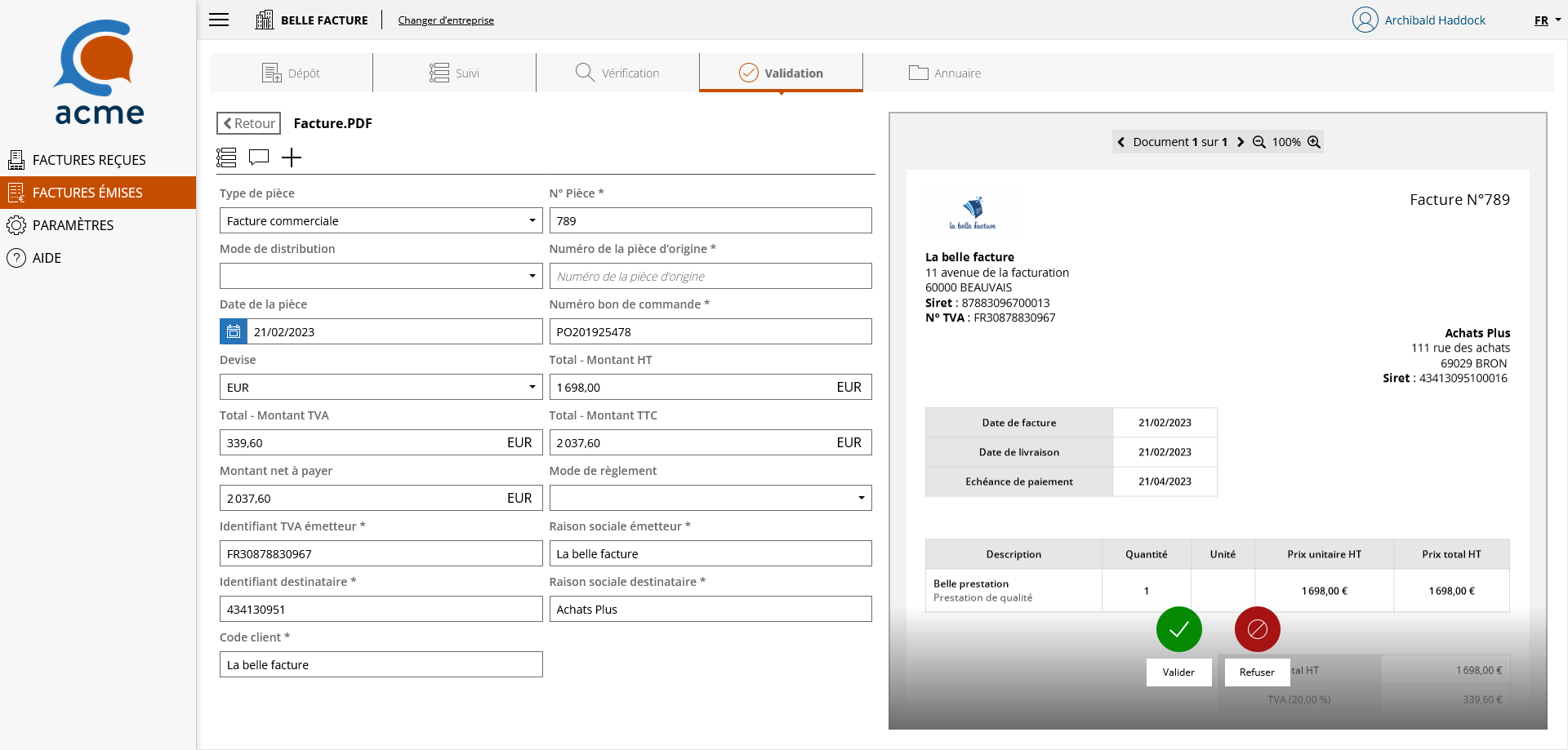 Page de validation