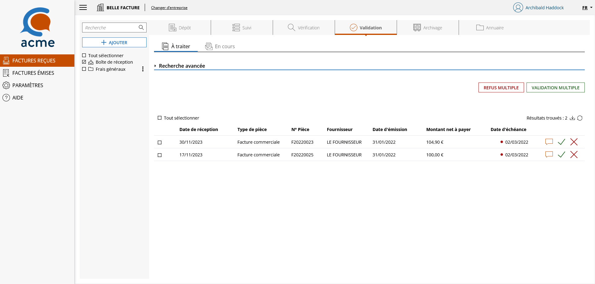 Page de validation en mode liste